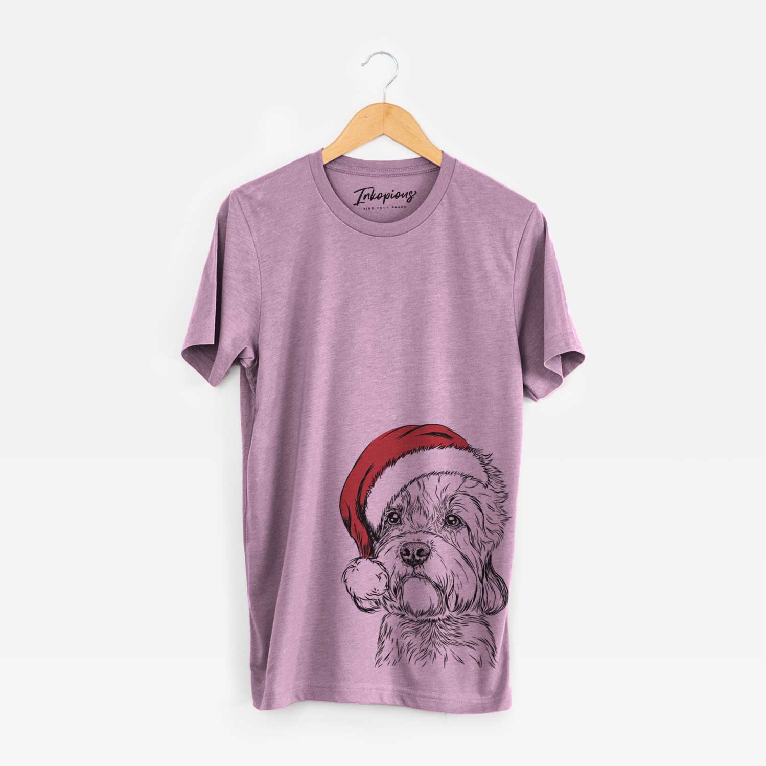 Hand-drawn sketch of Sir Walter the Dandie Dinmont Terrier wearing a Santa hat on an Orchid Unisex crewneck