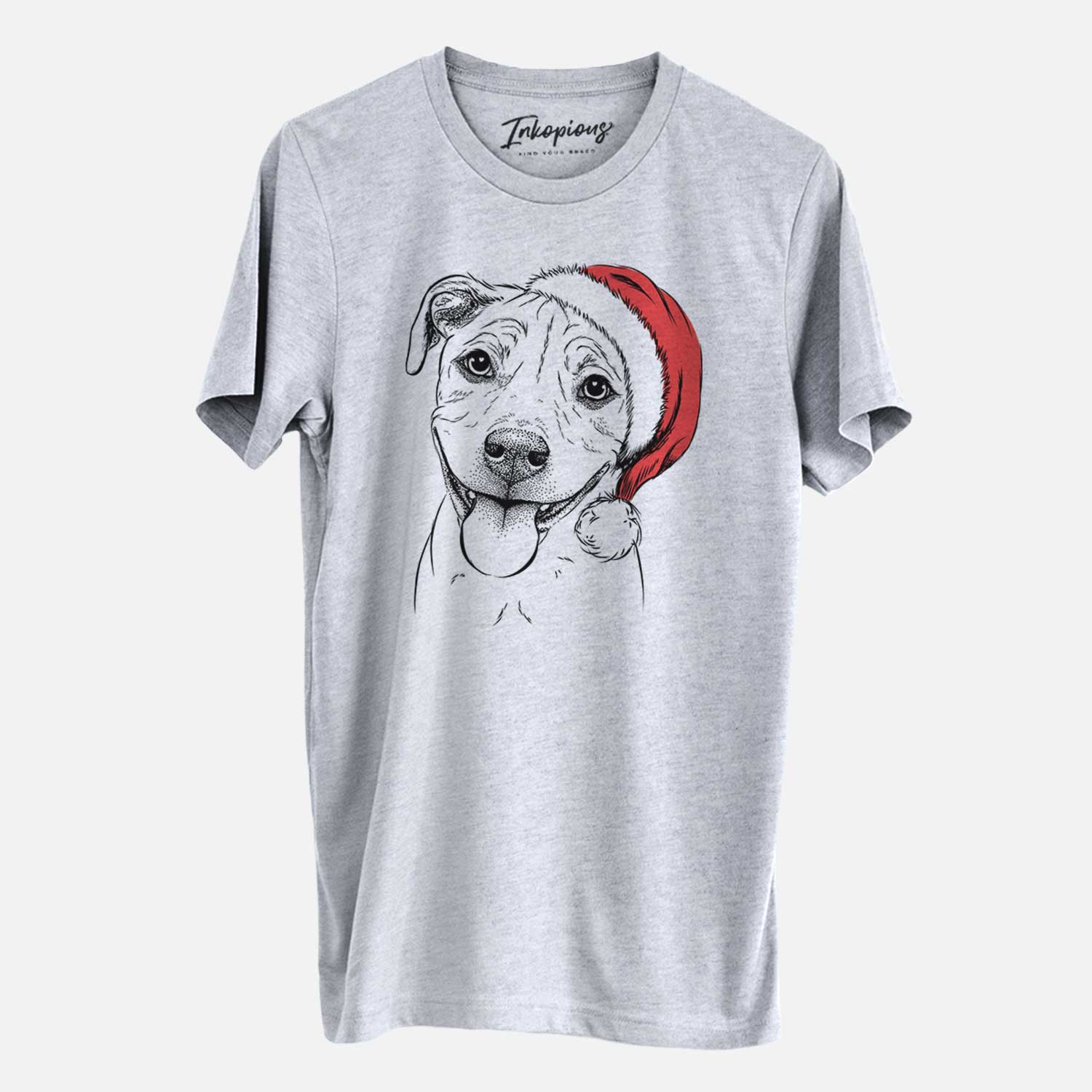 Hand-drawn sketch of Skye the Pitweiler wearing a Santa hat on a Grey Unisex crewneck