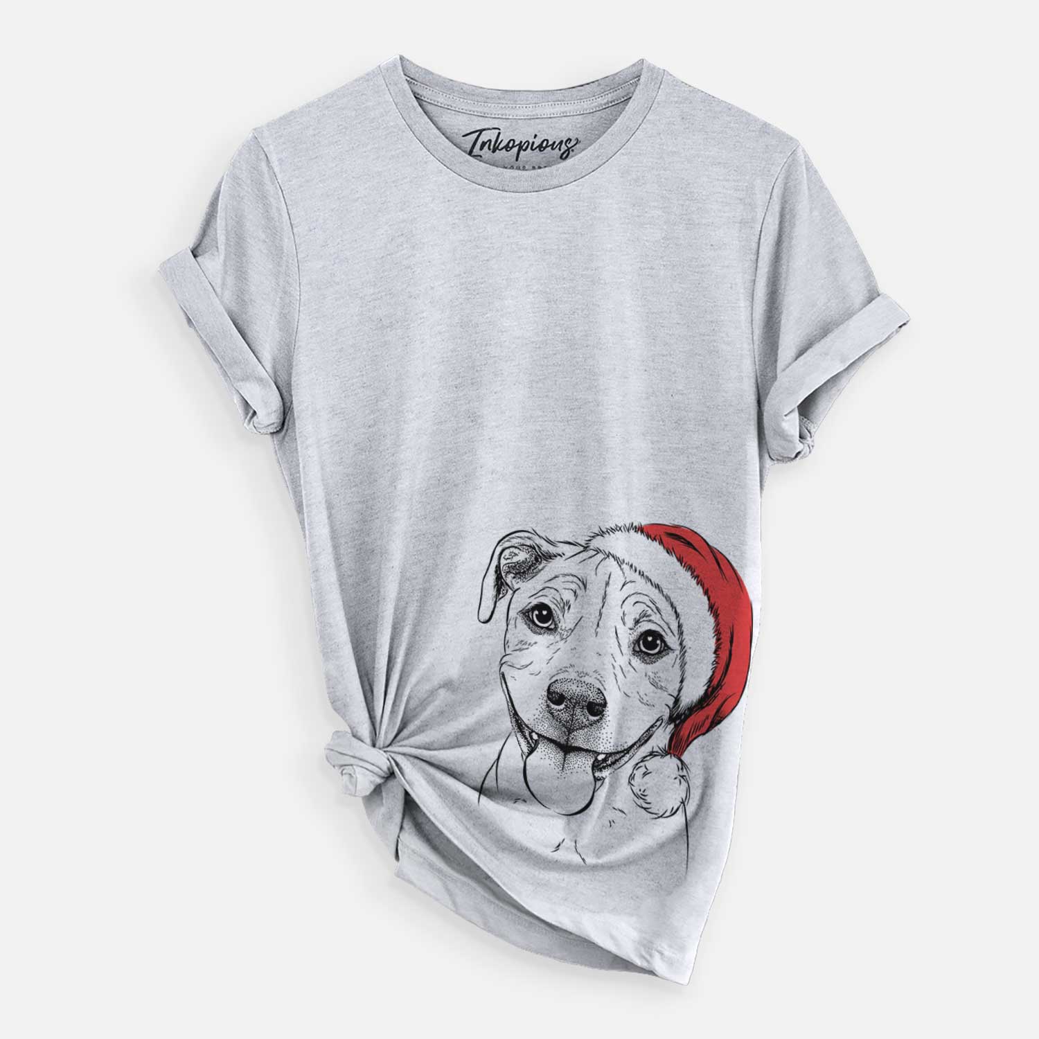 Hand-drawn sketch of Skye the Pitweiler wearing a Santa hat on a Grey Unisex crewneck