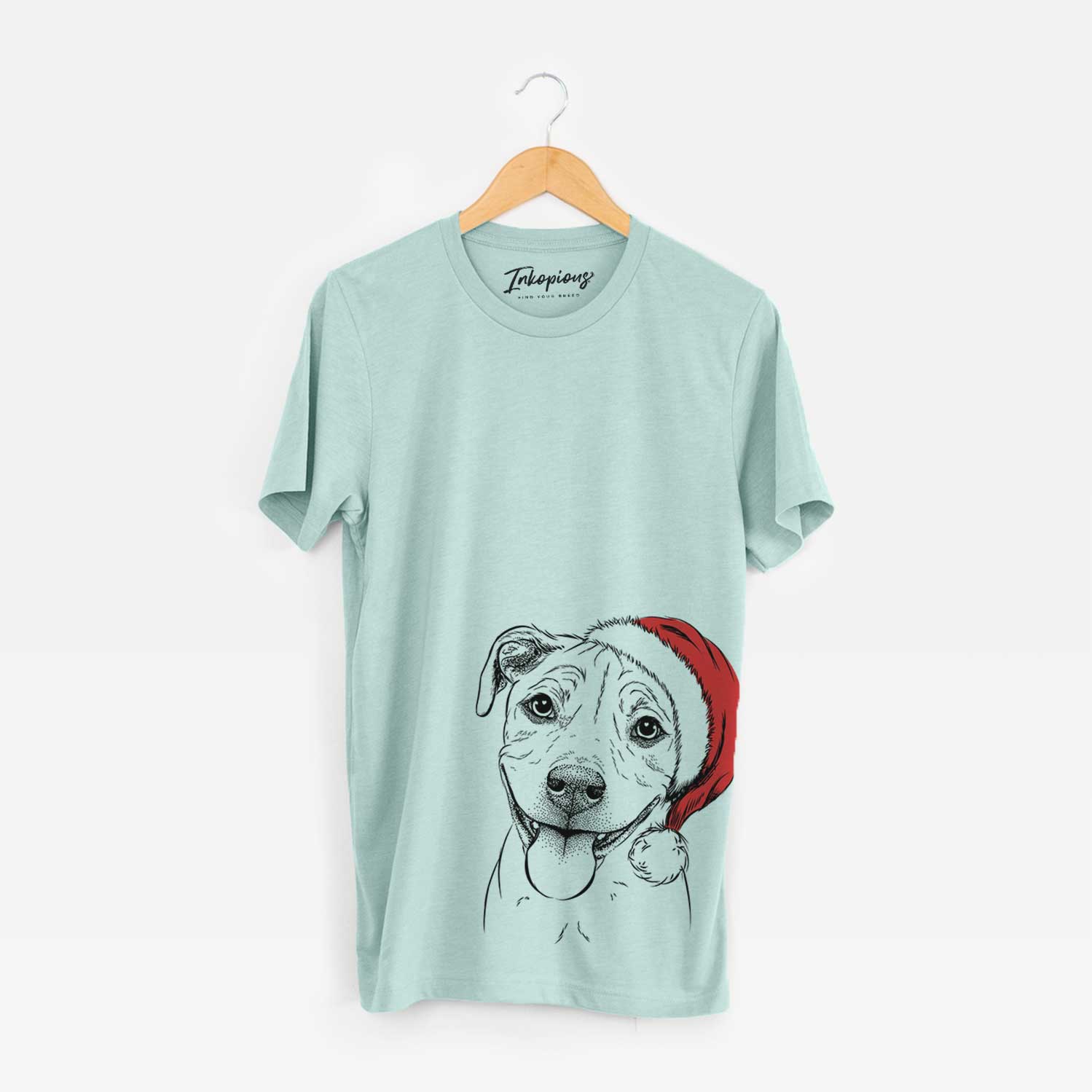 Hand-drawn sketch of Skye the Pitweiler wearing a Santa hat on a Heather Sage Unisex crewneck