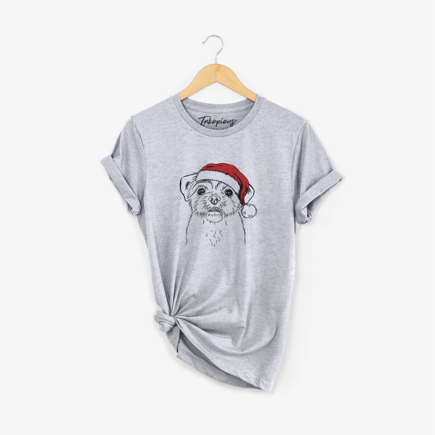 Hand-drawn sketch of Smash the Shih Tzu wearing a Santa hat on a Grey Unisex crewneck
