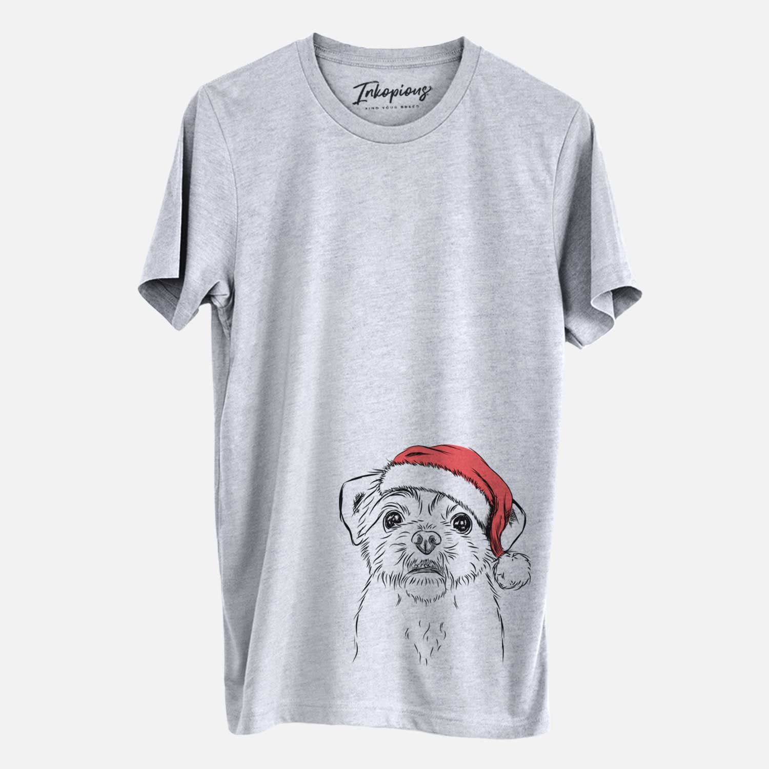 Hand-drawn sketch of Smash the Shih Tzu wearing a Santa hat on a Grey Unisex crewneck