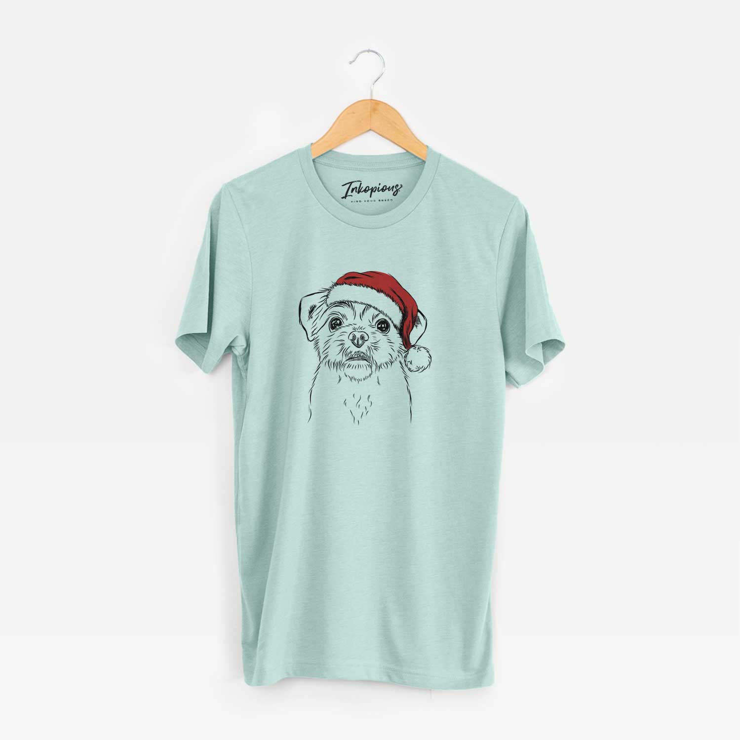 Hand-drawn sketch of Smash the Shih Tzu wearing a Santa hat on a Heather Sage Unisex crewneck