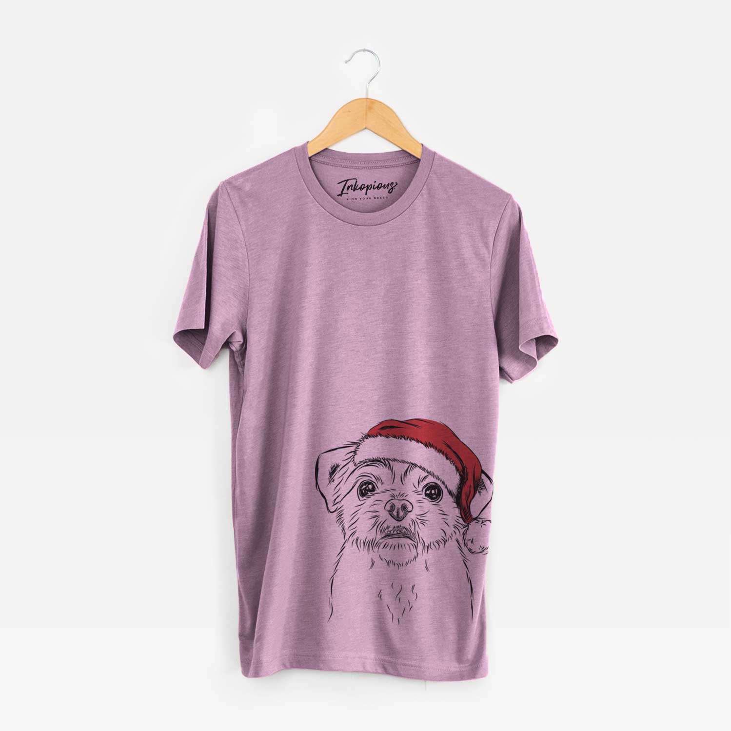 Hand-drawn sketch of Smash the Shih Tzu wearing a Santa hat on an Orchid Unisex crewneck
