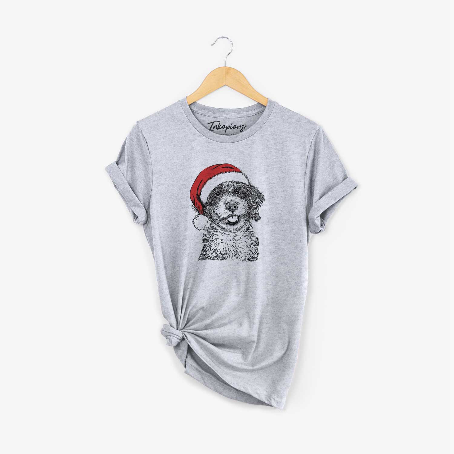Hand-drawn sketch of Smoky the Bernedoodle Puppy wearing a Santa hat on a Grey Unisex crewneck