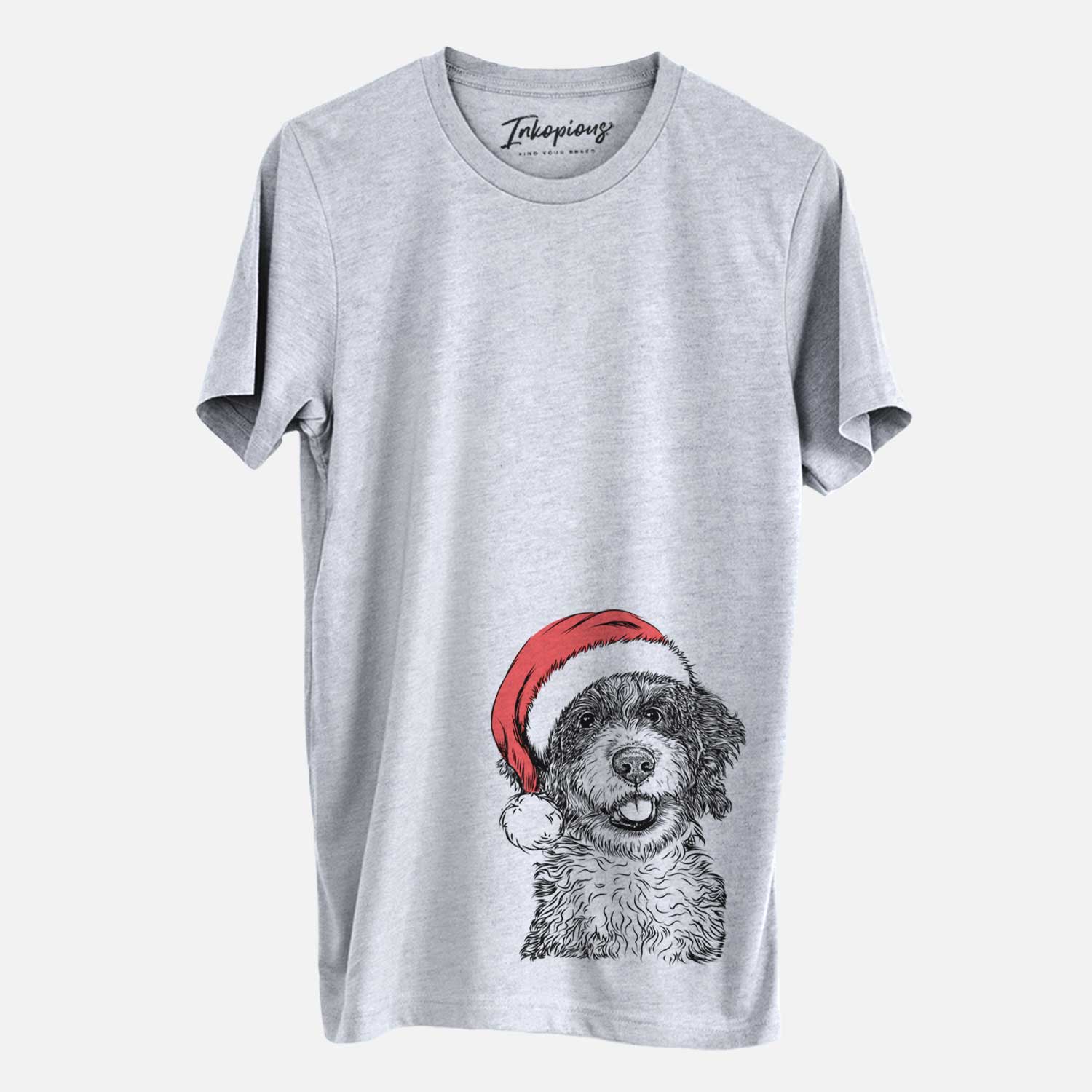 Hand-drawn sketch of Smoky the Bernedoodle Puppy wearing a Santa hat on a Grey Unisex crewneck
