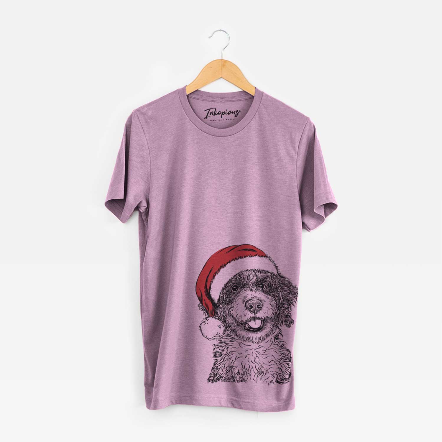 Hand-drawn sketch of Smoky the Bernedoodle Puppy wearing a Santa hat on an Orchid Unisex crewneck