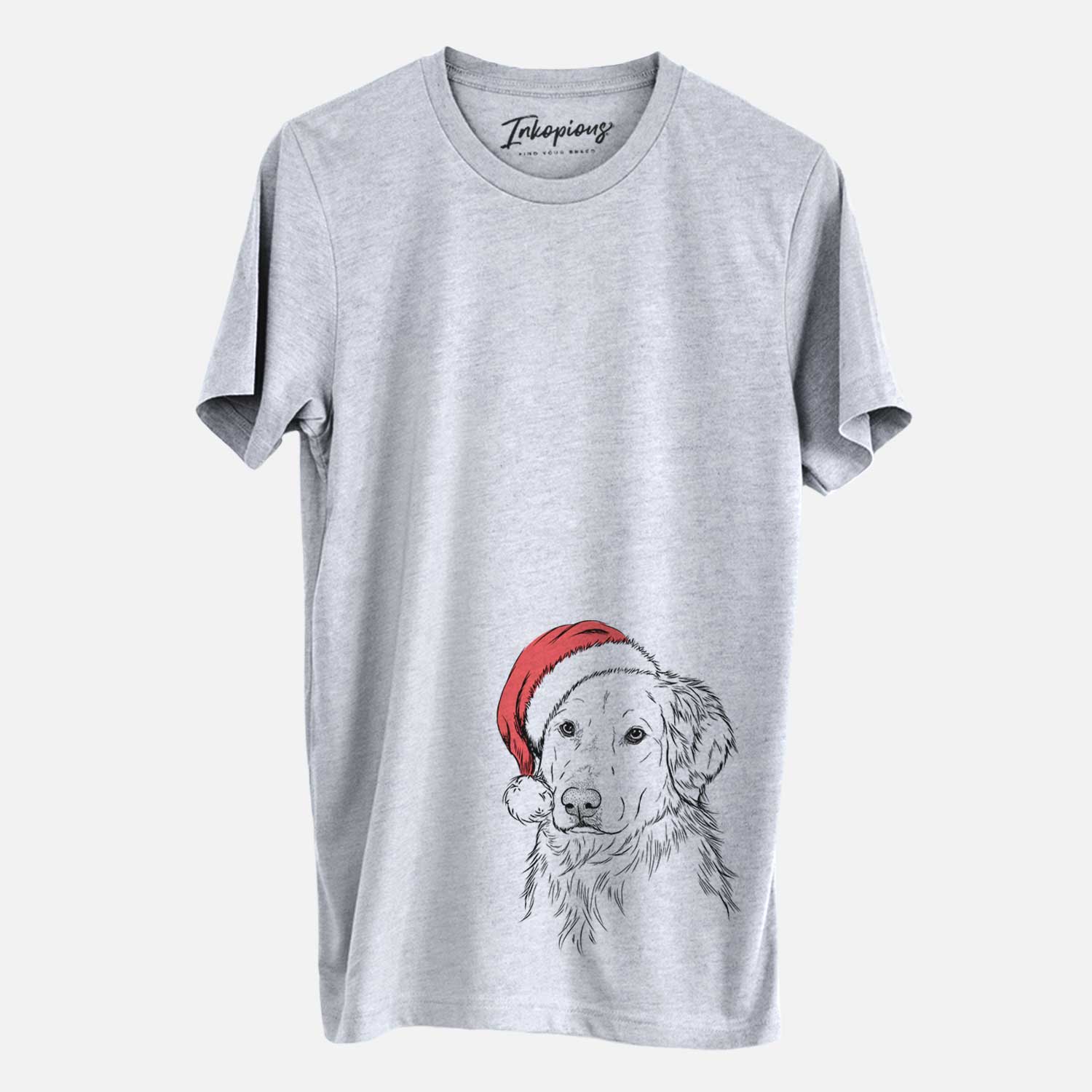 Hand-drawn sketch of Spencer the Golden Retriever wearing a Santa hat on a Grey Unisex crewneck