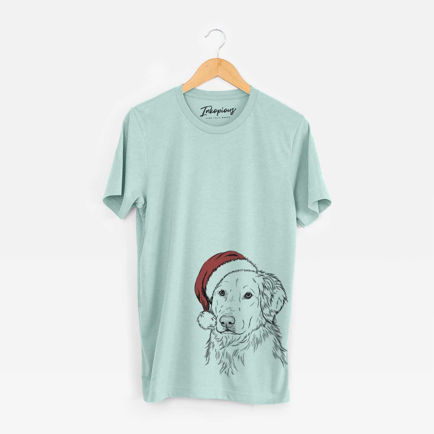 Hand-drawn sketch of Spencer the Golden Retriever wearing a Santa hat on a Heather Sage Unisex crewneck