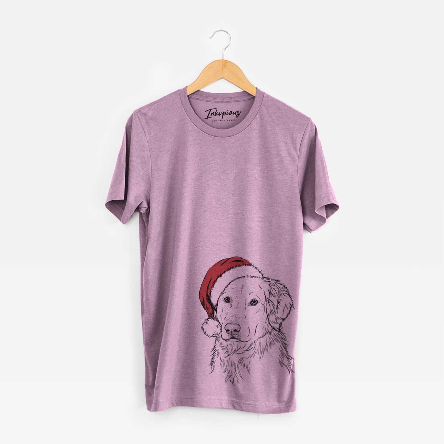 Hand-drawn sketch of Spencer the Golden Retriever wearing a Santa hat on an Orchid Unisex crewneck