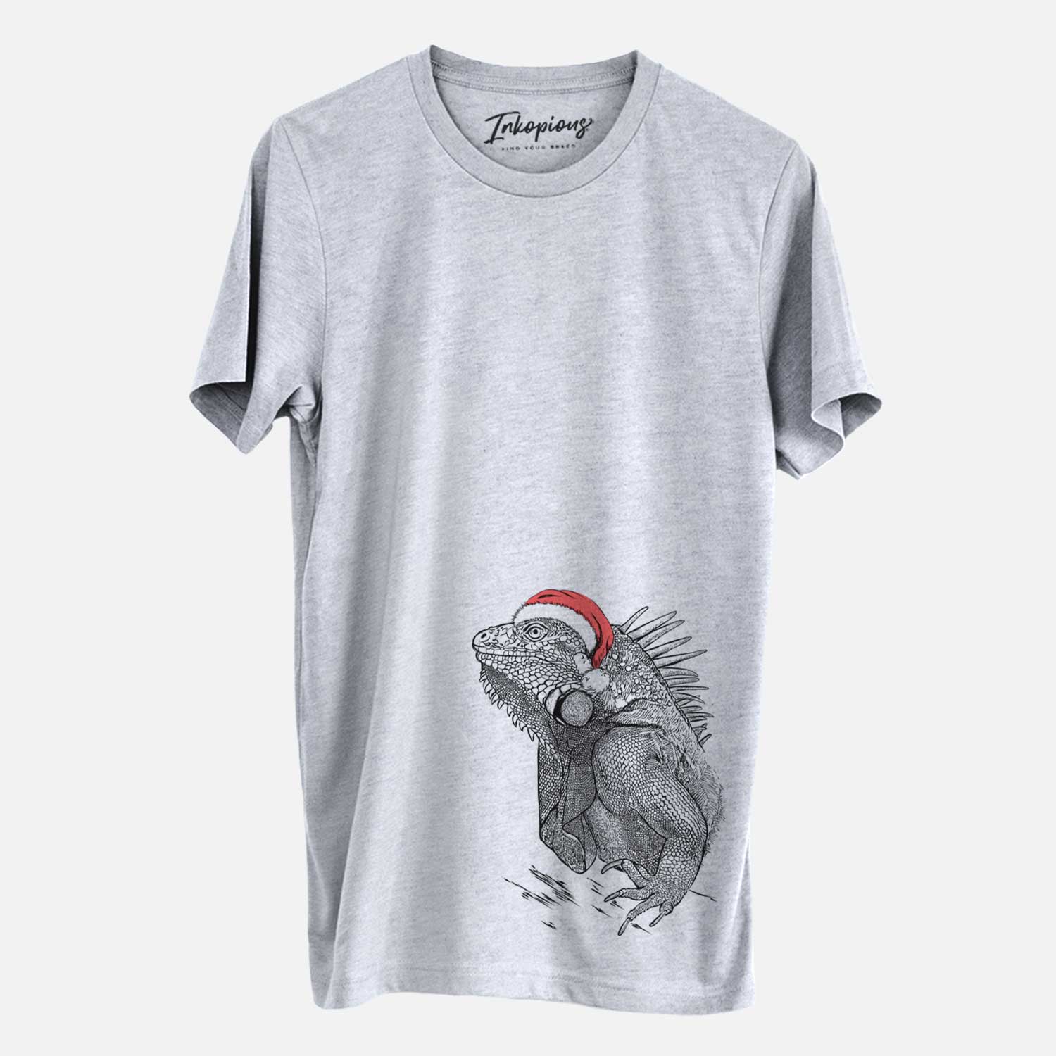 Hand-drawn sketch of Spike the Iguana wearing a Santa hat on a Grey Unisex crewneck
