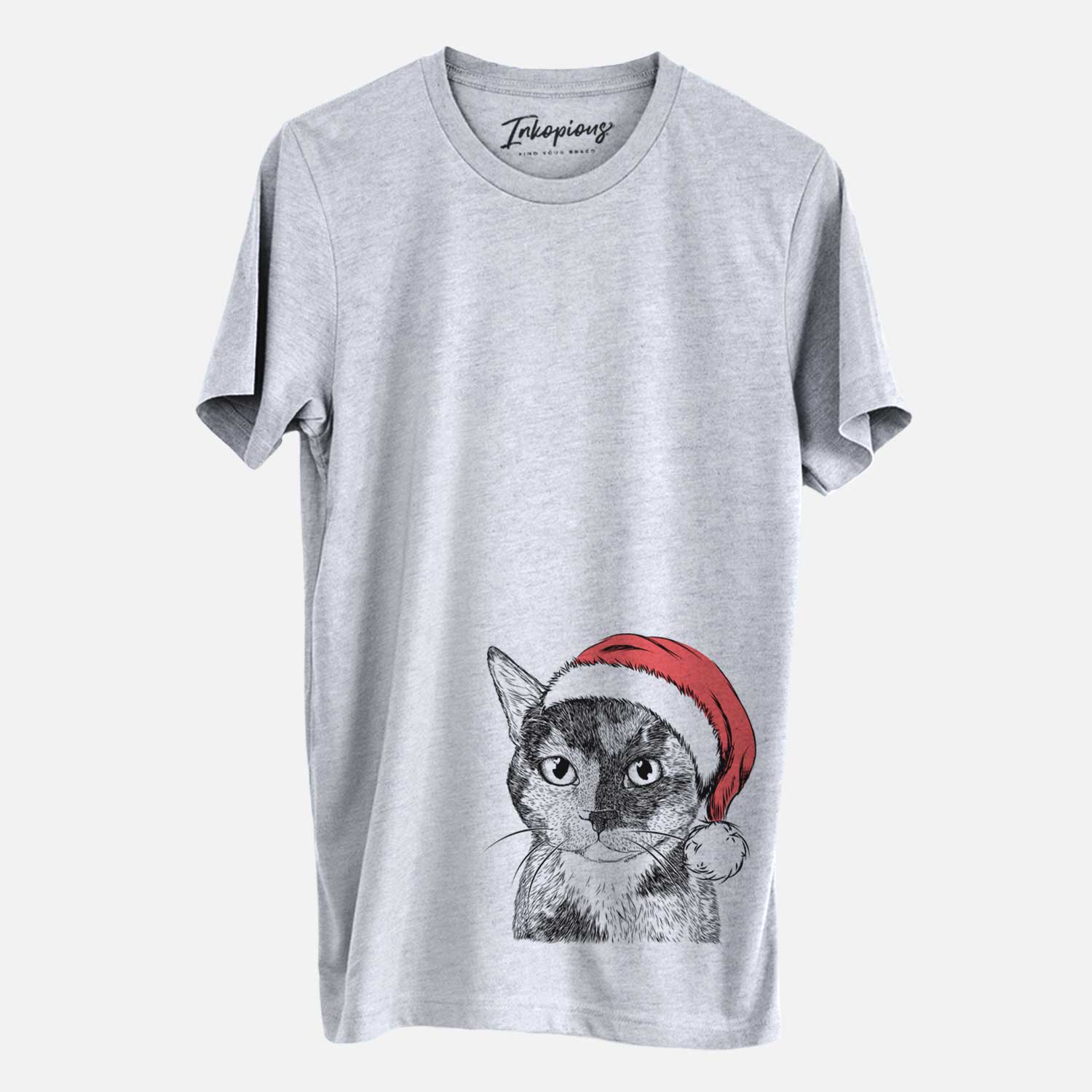 Hand-drawn sketch of Spooky Kitty the Tortoiseshell Cat wearing a Santa hat on a Grey Unisex crewneck