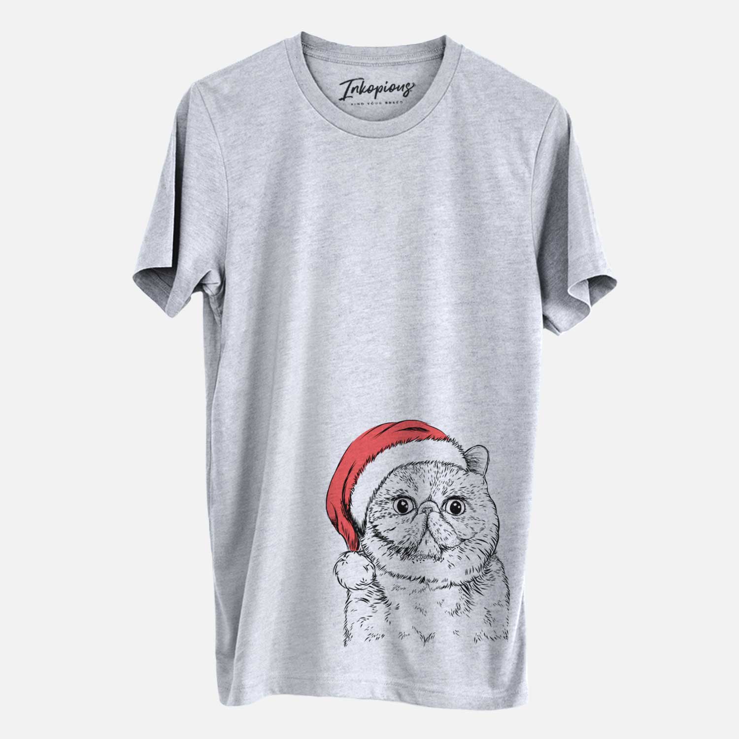 Hand-drawn sketch of Squish the Exotic Shorthair Cat wearing a Santa hat on a Grey Unisex crewneck