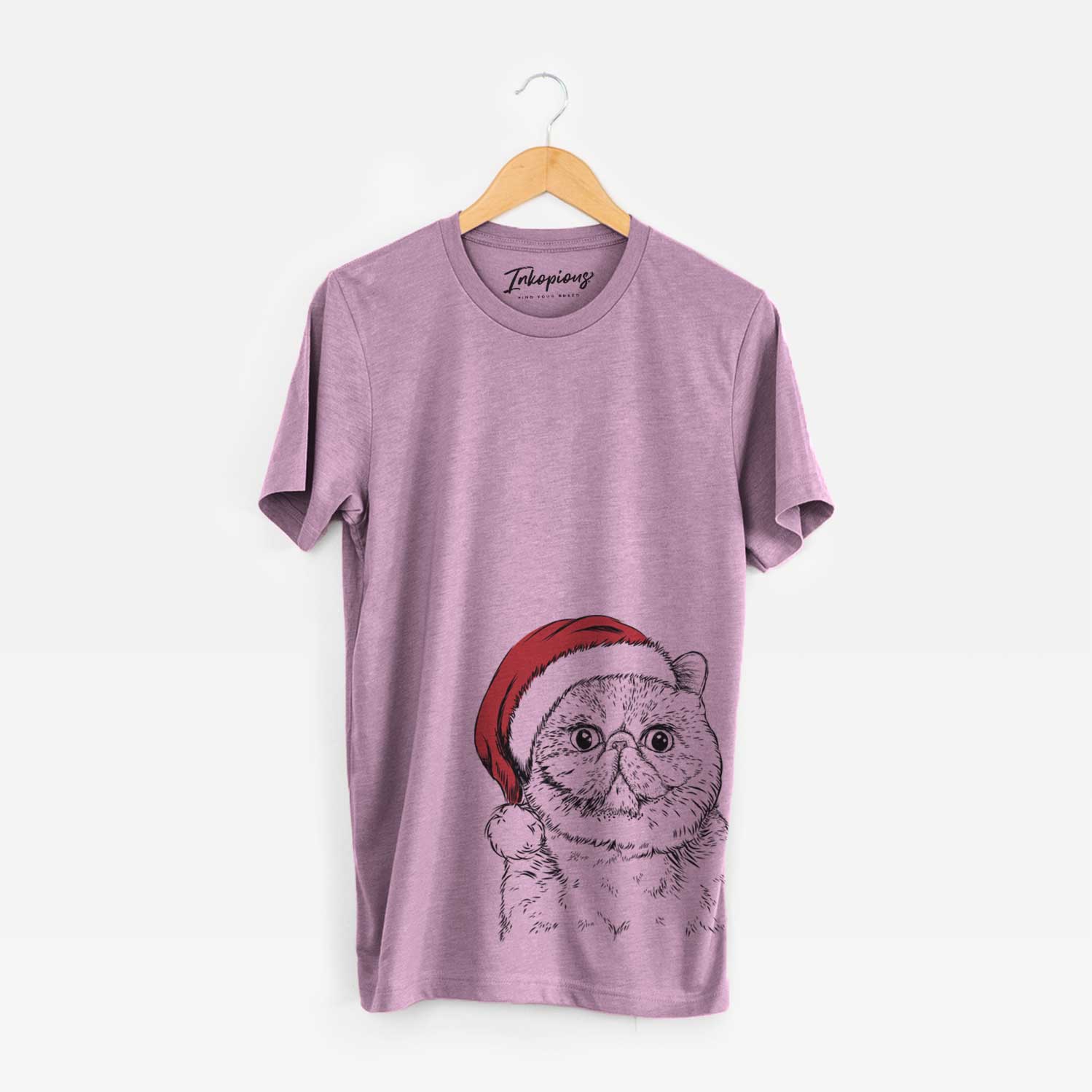 Hand-drawn sketch of Squish the Exotic Shorthair Cat wearing a Santa hat on an Orchid Unisex crewneck