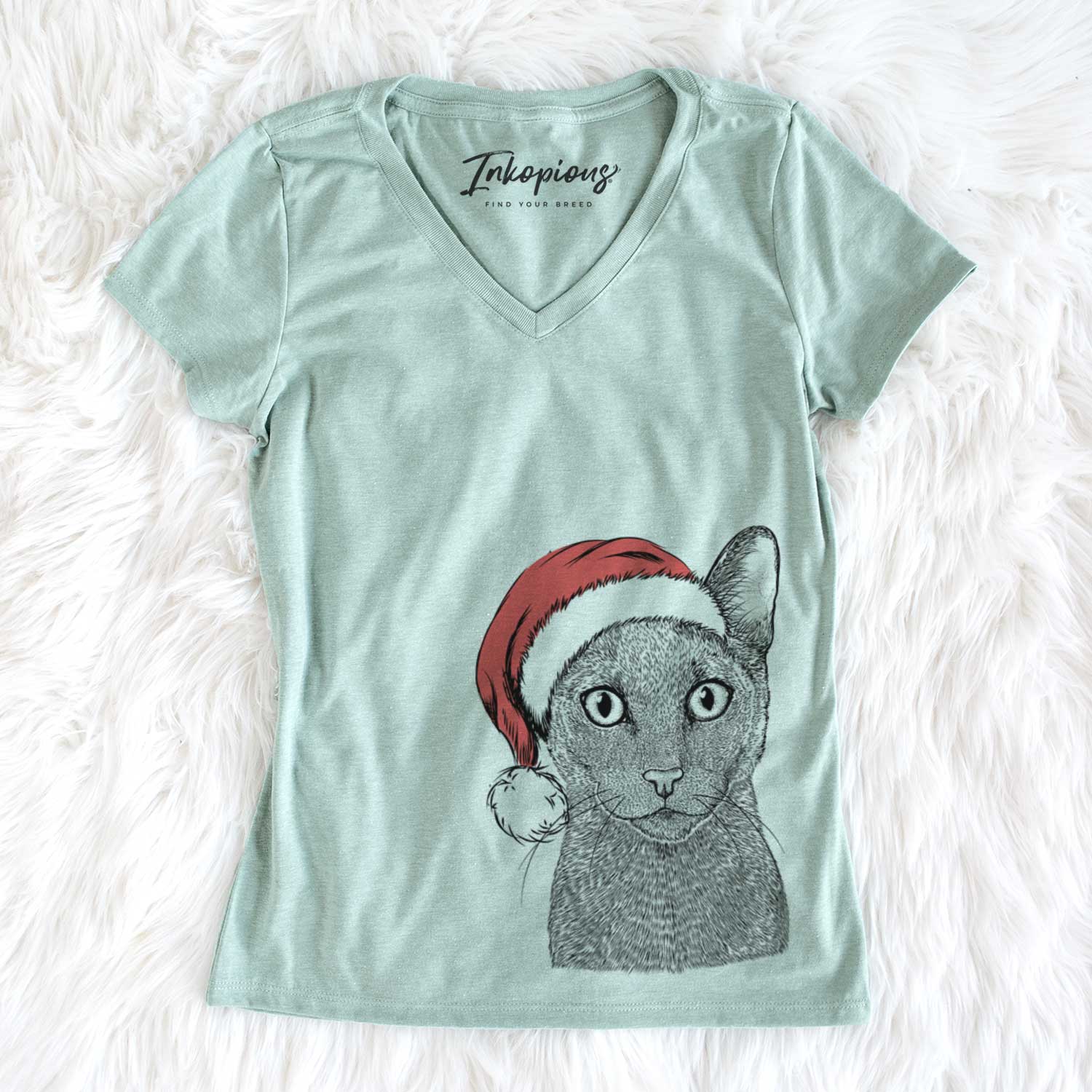 Santa Stanley the Russian Blue Cat - Women's V-neck Shirt