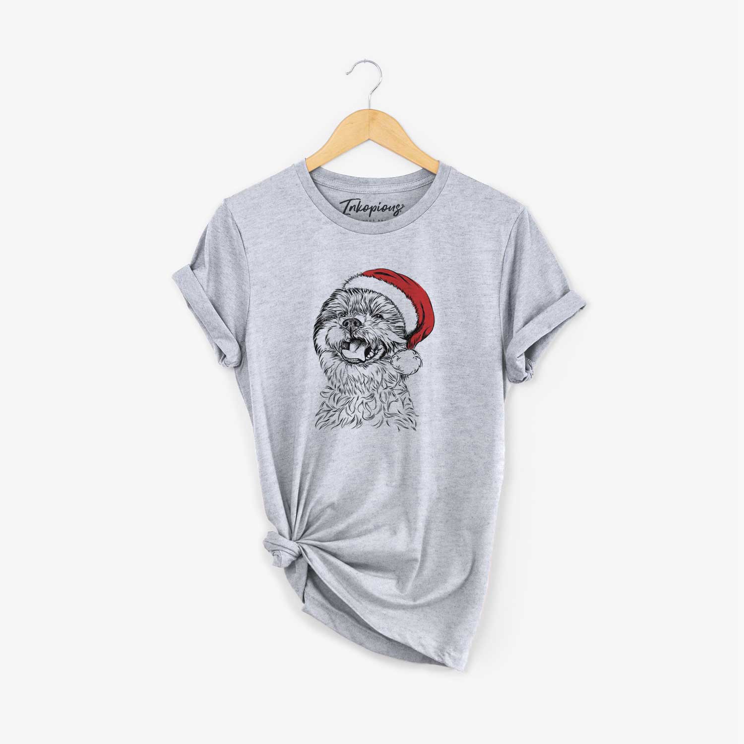 Hand-drawn sketch of Sugar the Malshi wearing a Santa hat on a Grey Unisex crewneck