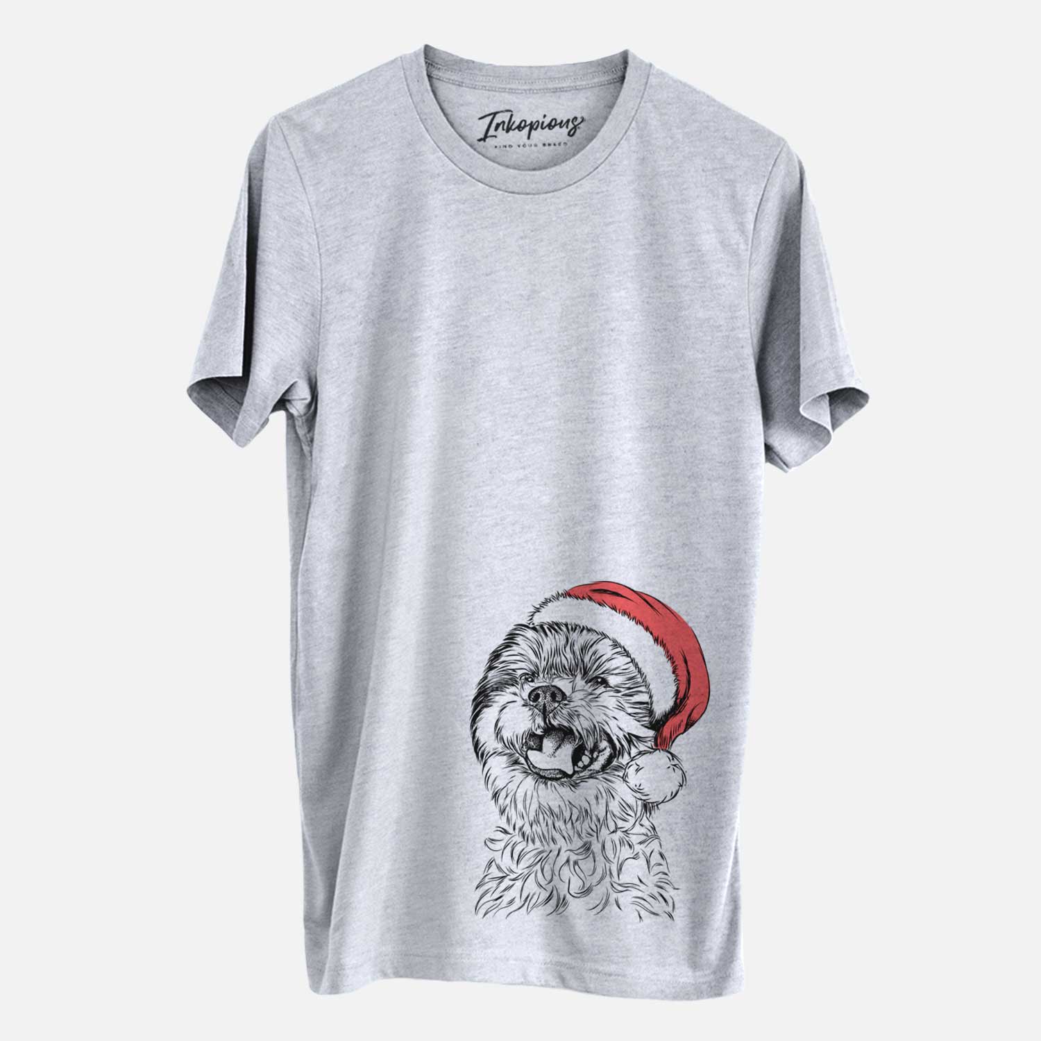 Hand-drawn sketch of Sugar the Malshi wearing a Santa hat on a Grey Unisex crewneck