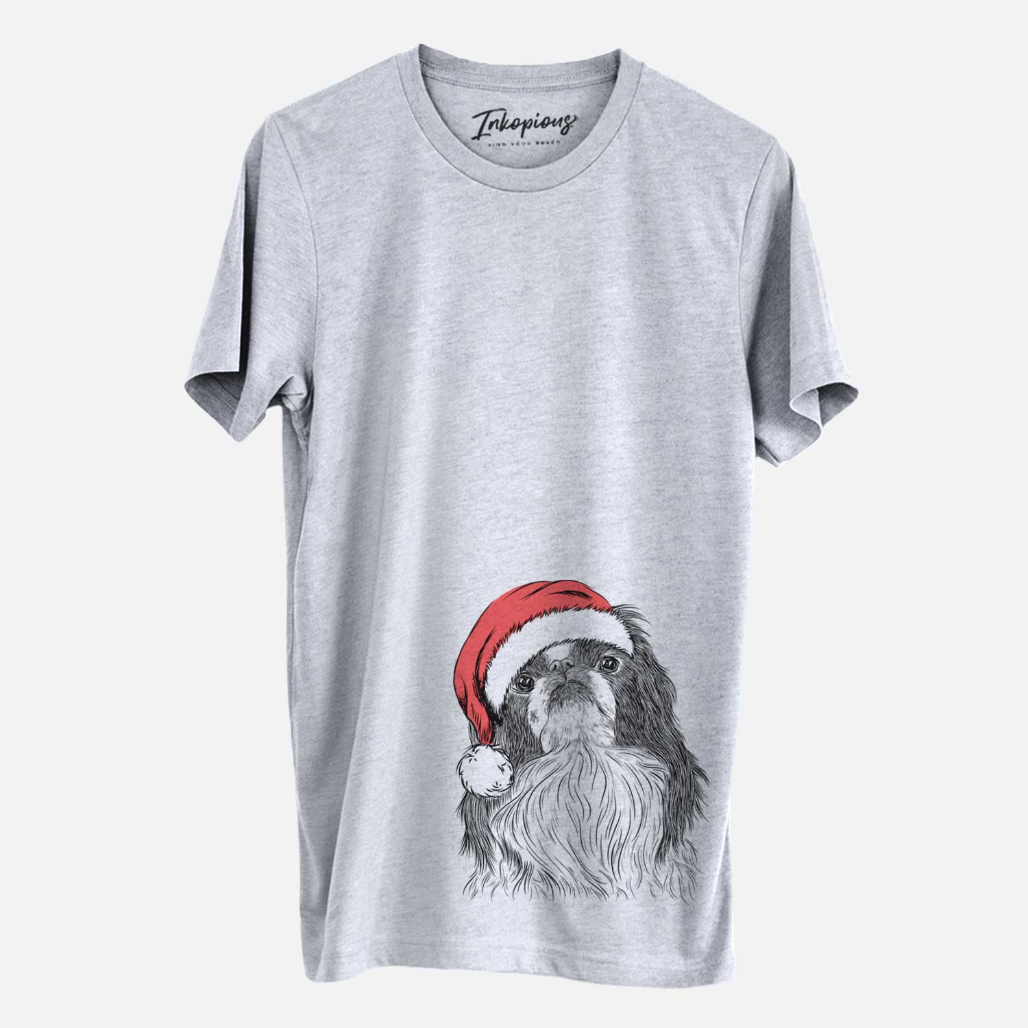 Hand-drawn sketch of Suki the Japanese Chin wearing a Santa hat on a Grey Unisex crewneck