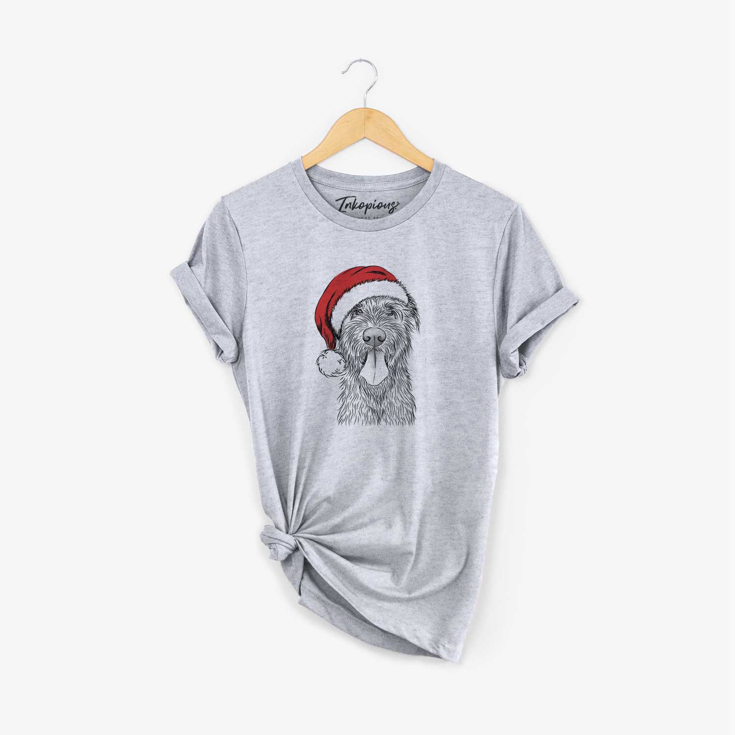 Hand-drawn sketch of Sullivan the Irish Wolfhound wearing a Santa hat on a Grey Unisex crewneck