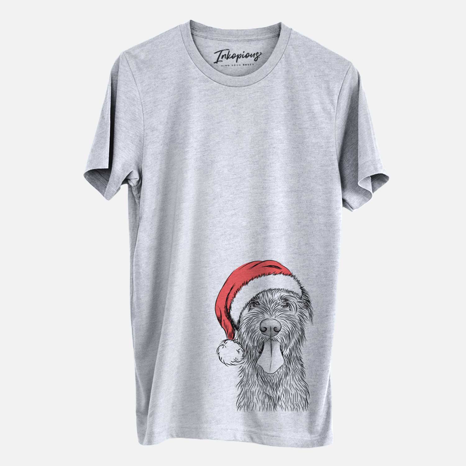 Hand-drawn sketch of Sullivan the Irish Wolfhound wearing a Santa hat on a Grey Unisex crewneck