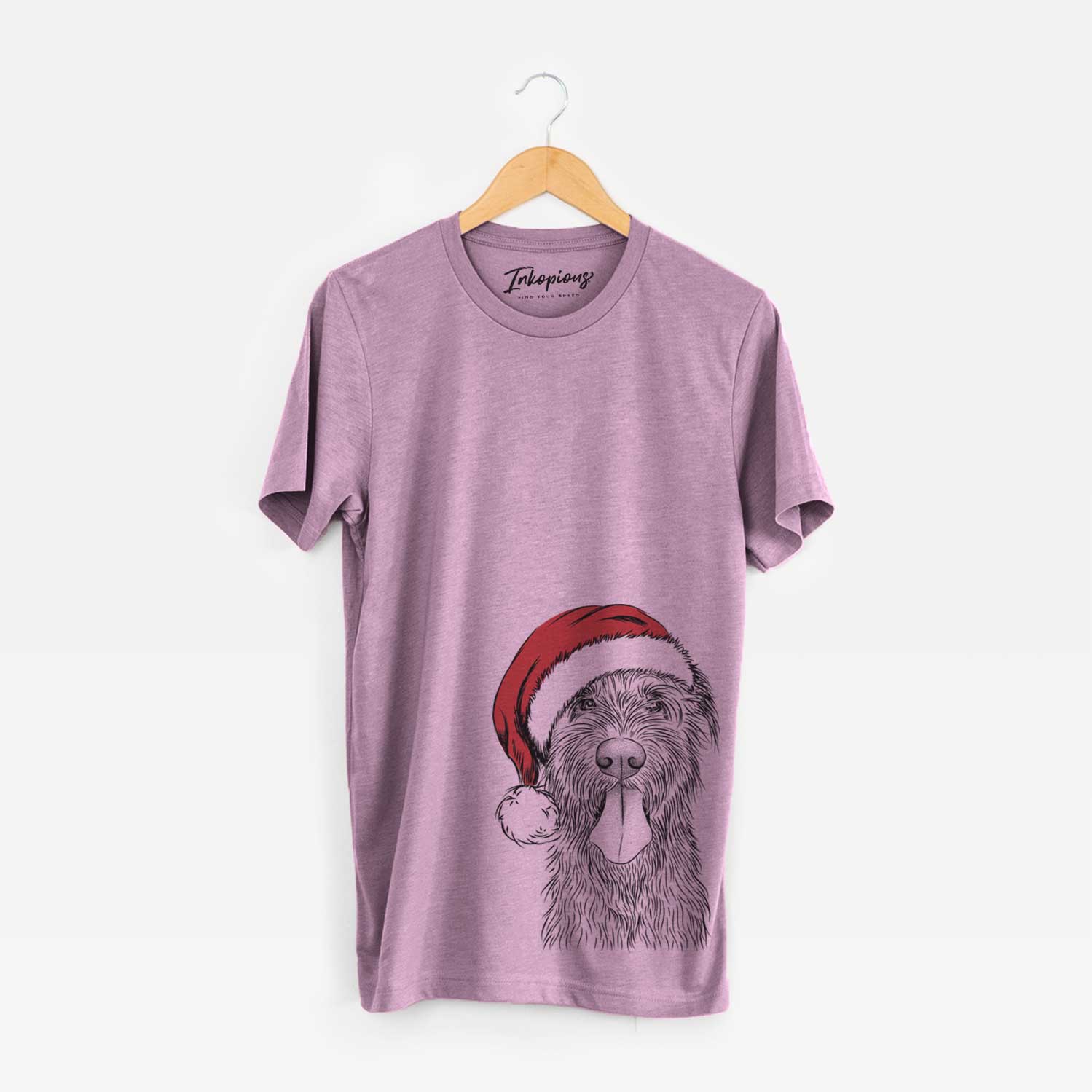 Hand-drawn sketch of Sullivan the Irish Wolfhound wearing a Santa hat on an Orchid Unisex crewneck
