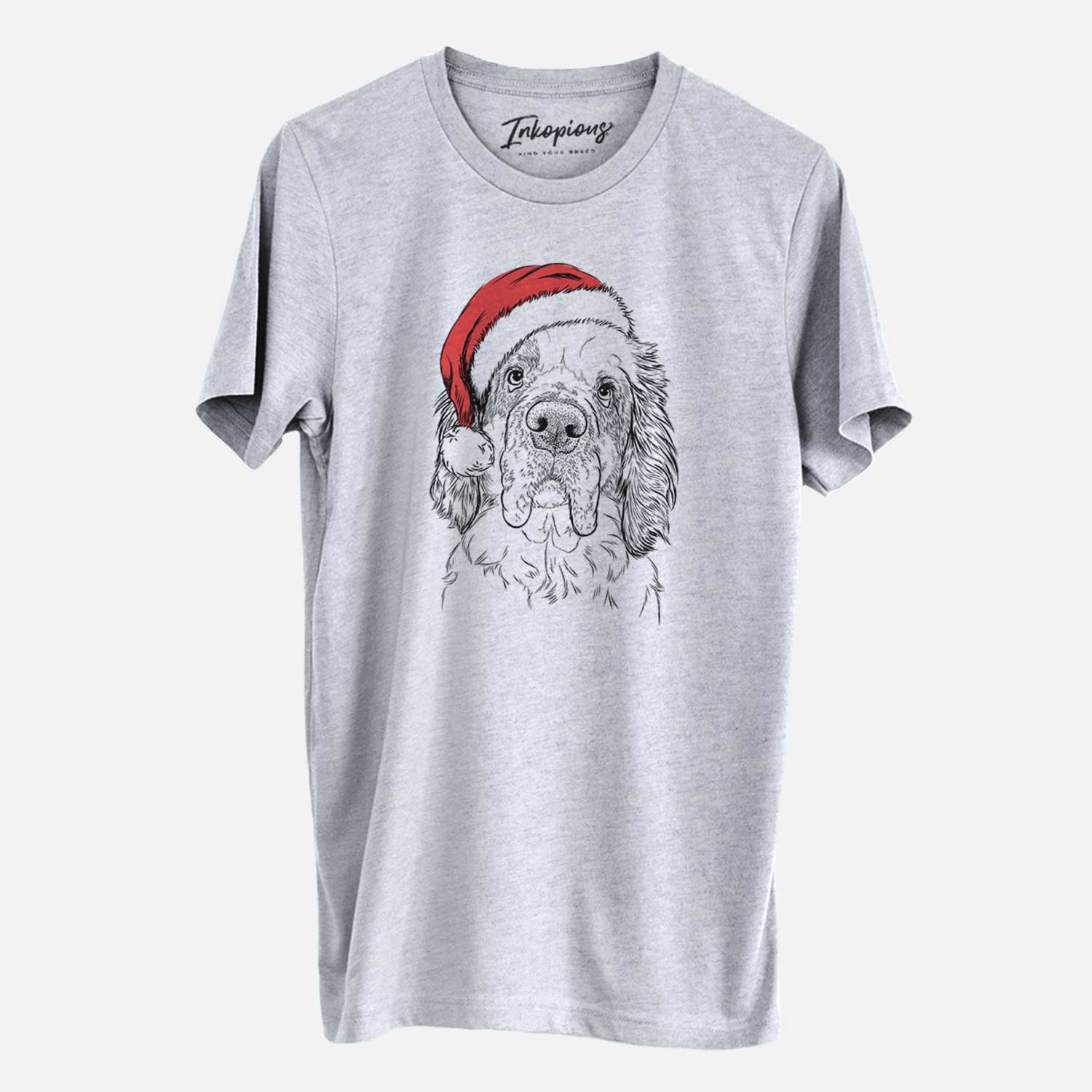 Hand-drawn sketch of Sully the Clumber Spaniel wearing a Santa hat on a Grey Unisex crewneck