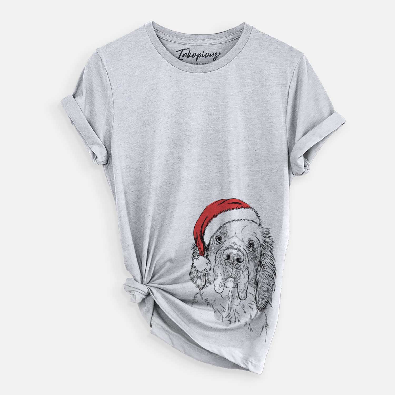 Hand-drawn sketch of Sully the Clumber Spaniel wearing a Santa hat on a Grey Unisex crewneck
