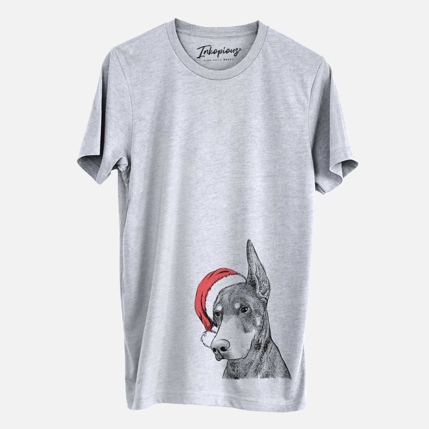 Hand-drawn sketch of Sunny the Doberman Pinscher wearing a Santa hat on a Grey Unisex crewneck