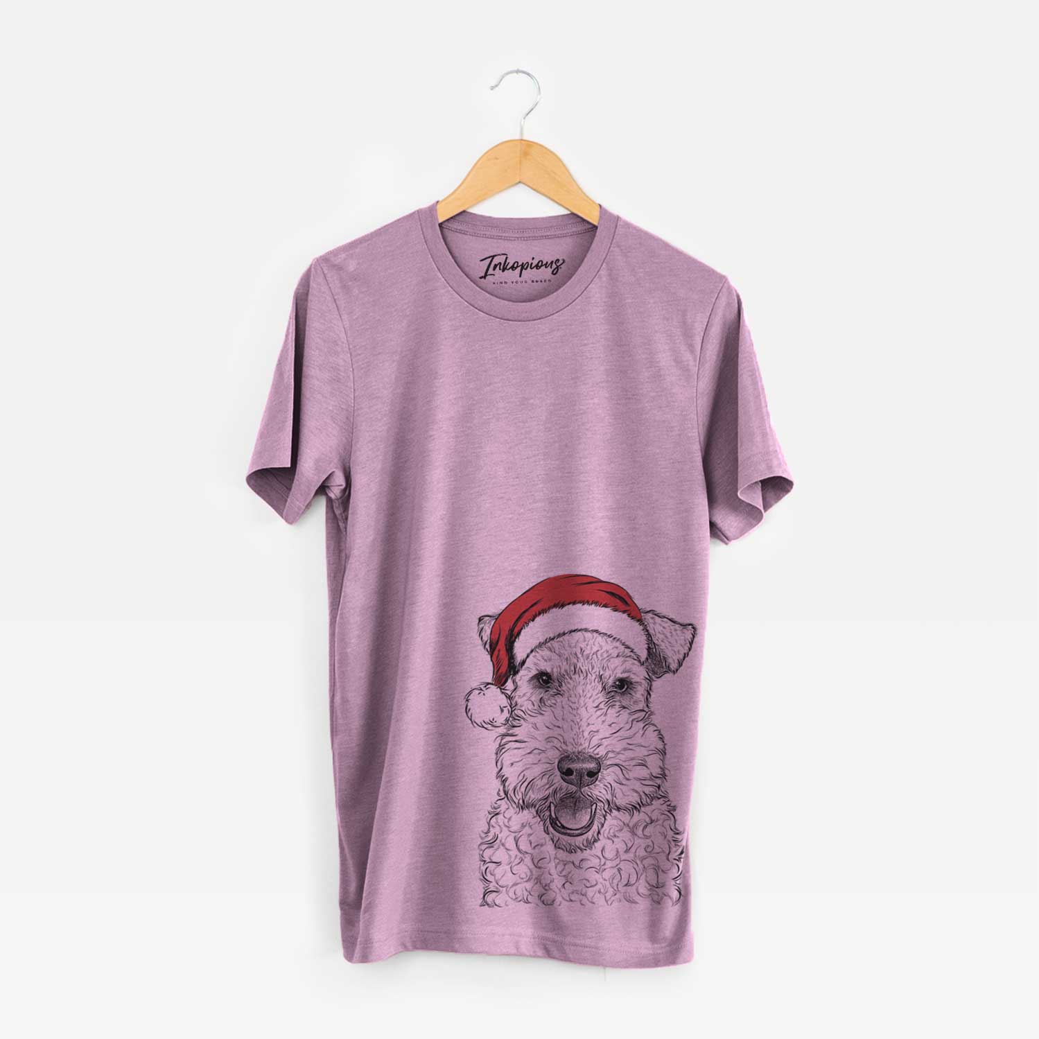 Hand-drawn sketch of Ted the Wire Fox Terrier wearing a Santa hat on an Orchid Unisex crewneck