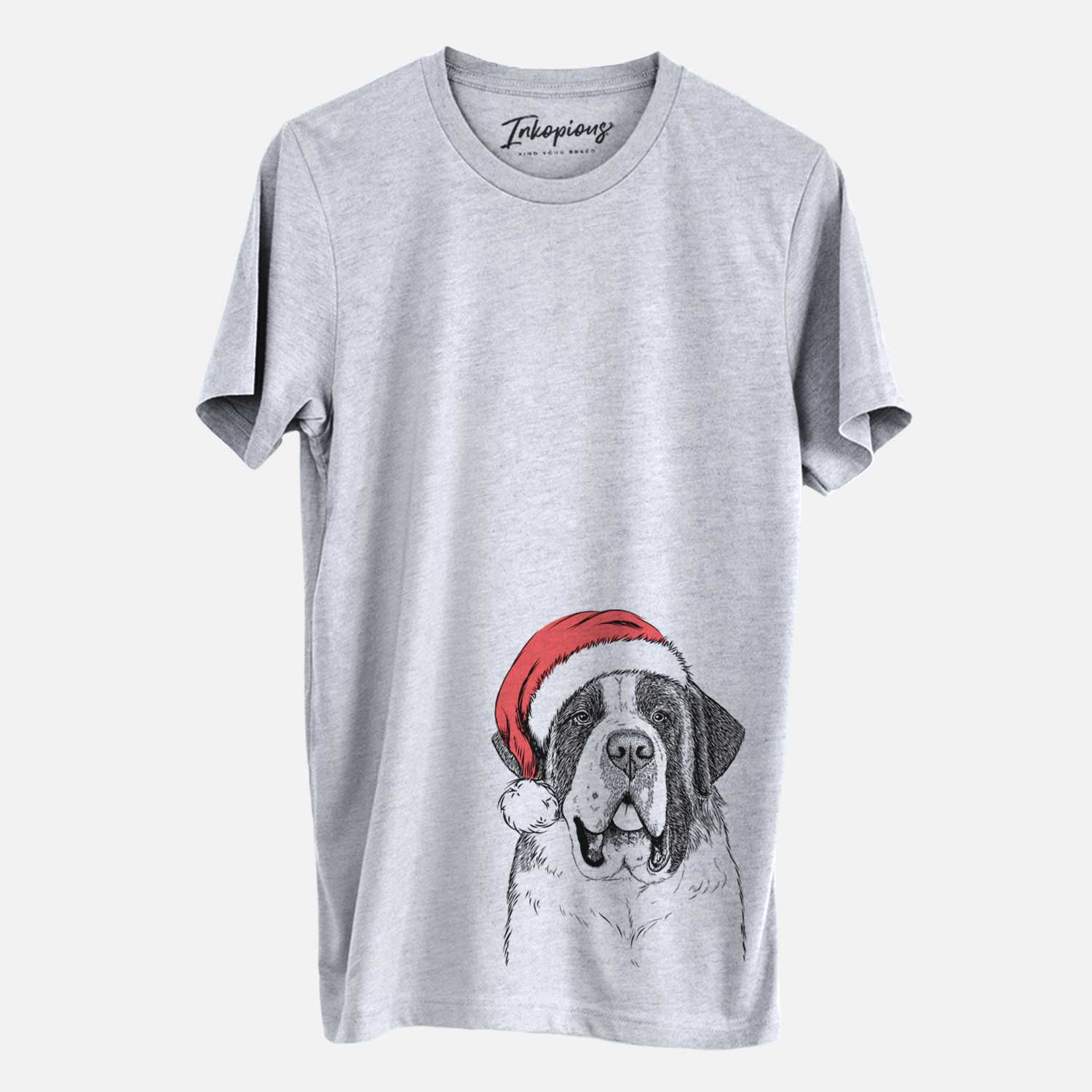 Hand-drawn sketch of Thor the Saint Bernard wearing a Santa hat on a Grey Unisex crewneck