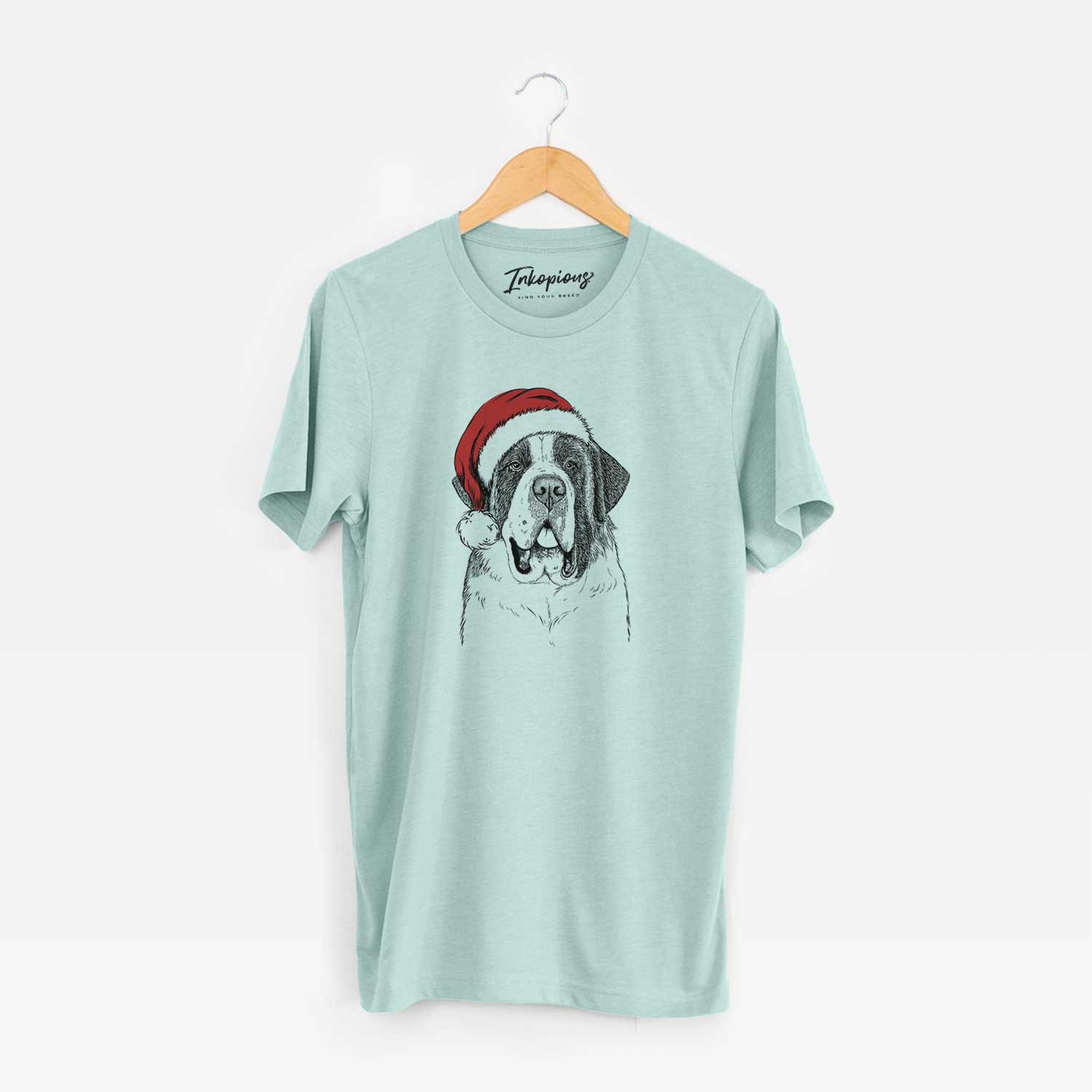 Hand-drawn sketch of Thor the Saint Bernard wearing a Santa hat on a Heather Sage Unisex crewneck