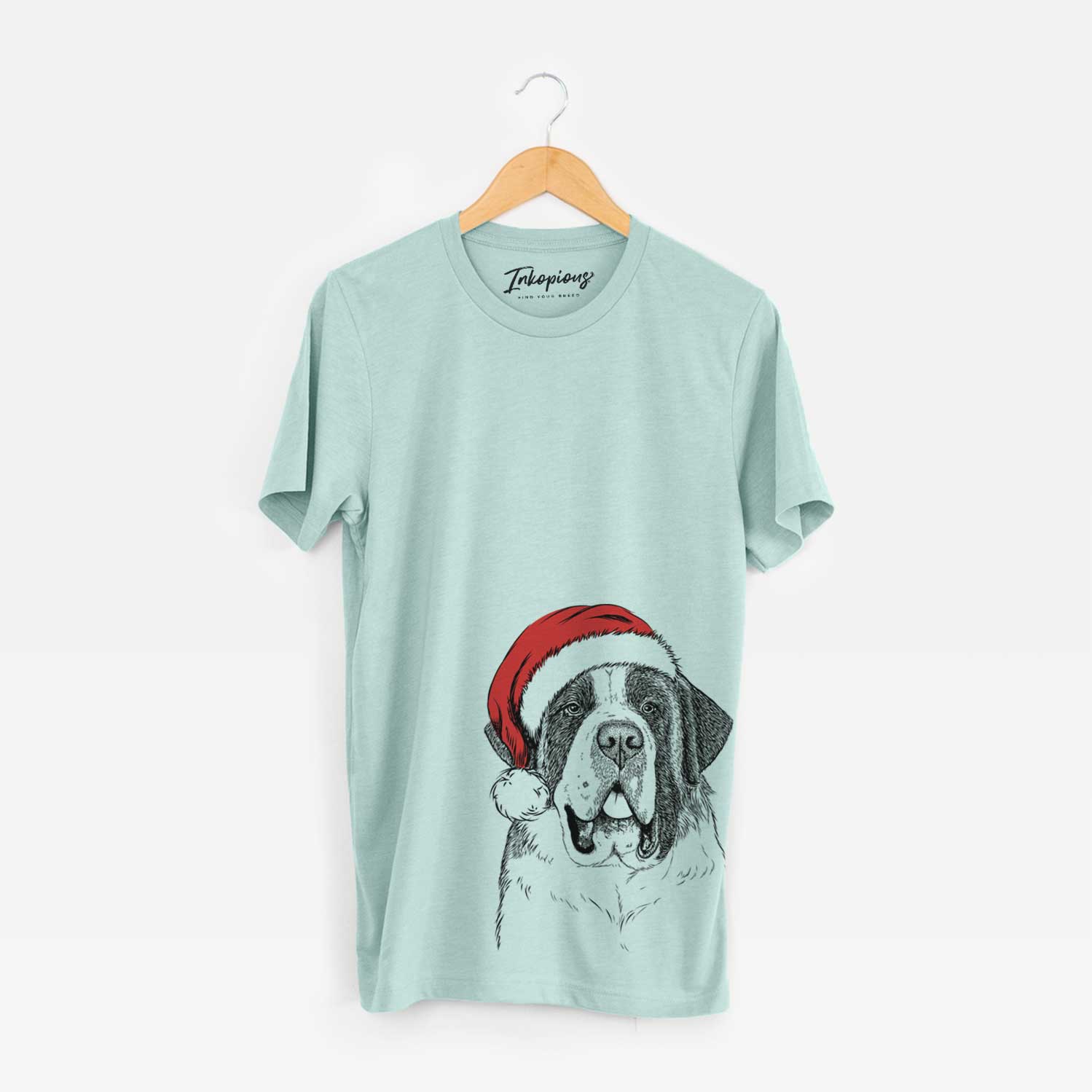Hand-drawn sketch of Thor the Saint Bernard wearing a Santa hat on a Heather Sage Unisex crewneck