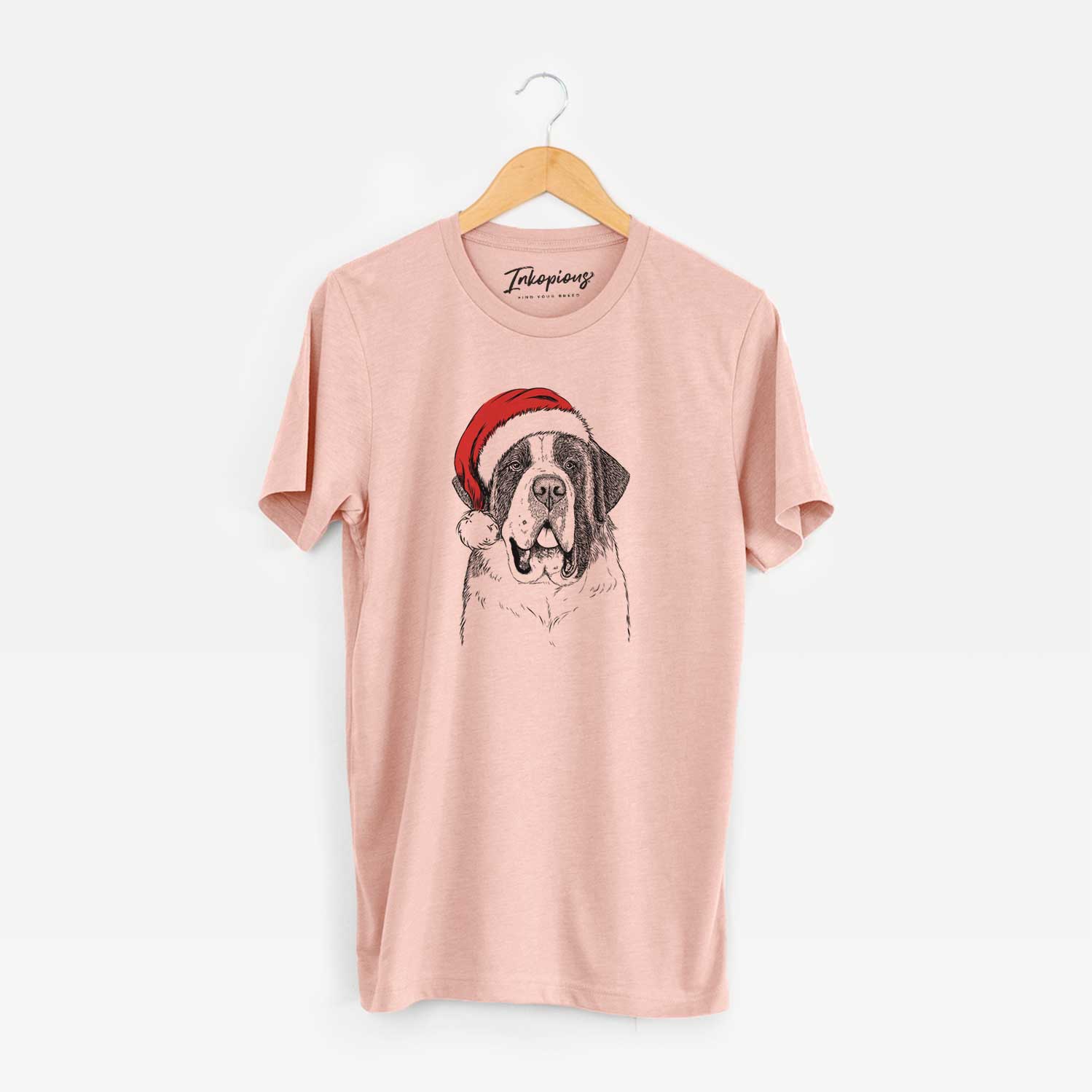 Hand-drawn sketch of Thor the Saint Bernard wearing a Santa hat on a Peach Unisex crewneck