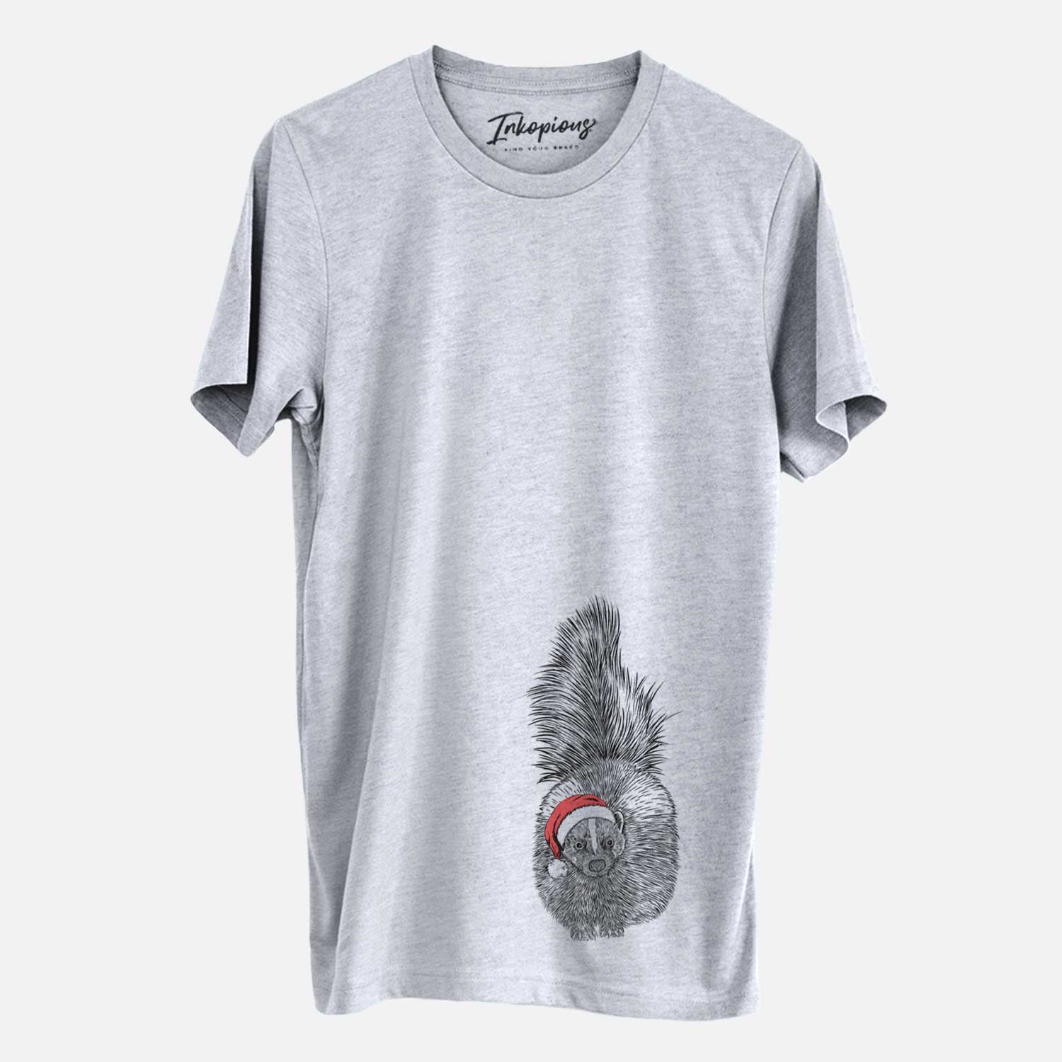 Hand-drawn sketch of Tibbs the Skunk wearing a Santa hat on a Grey Unisex crewneck
