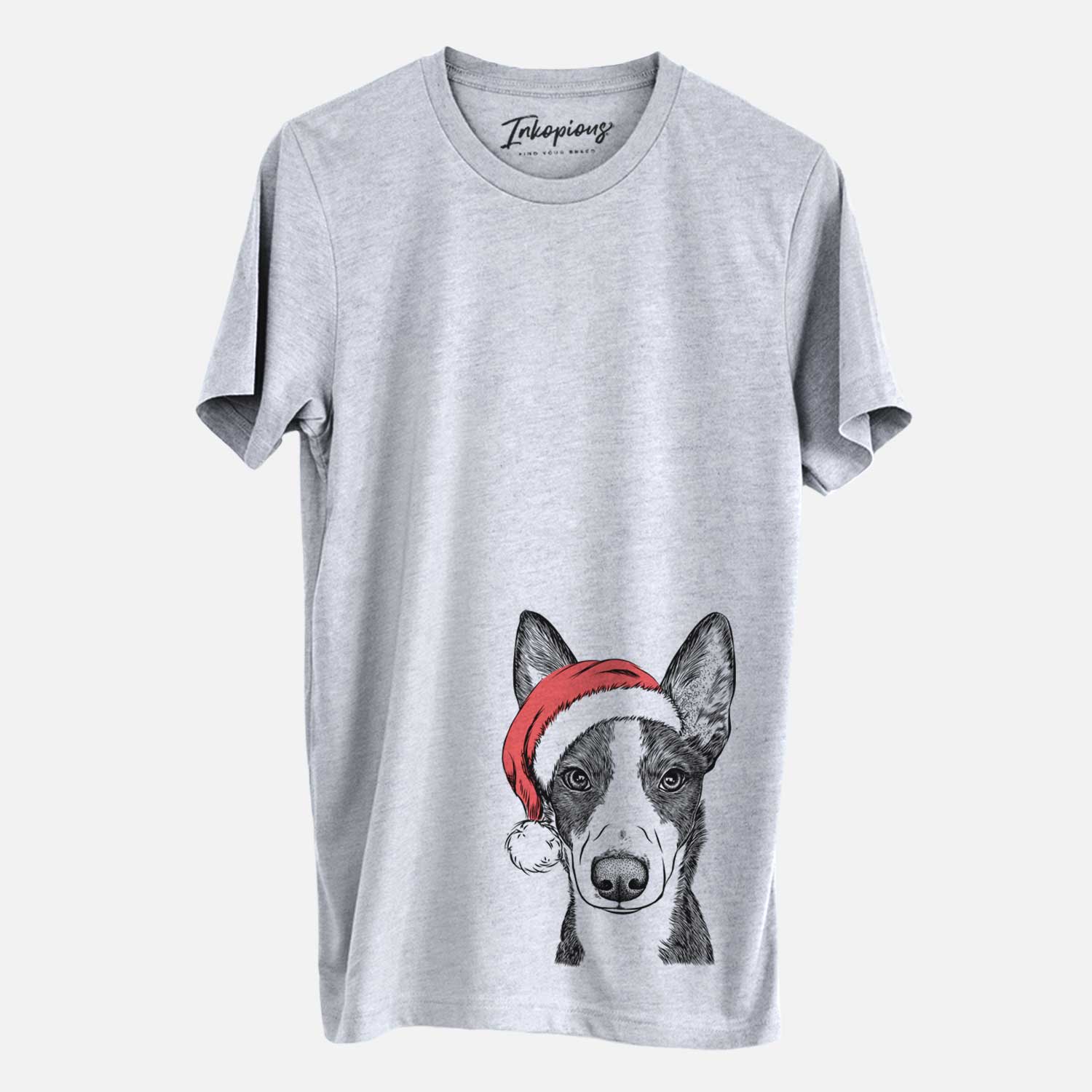Hand-drawn sketch of Tigm the Bippet wearing a Santa hat on a Grey Unisex crewneck