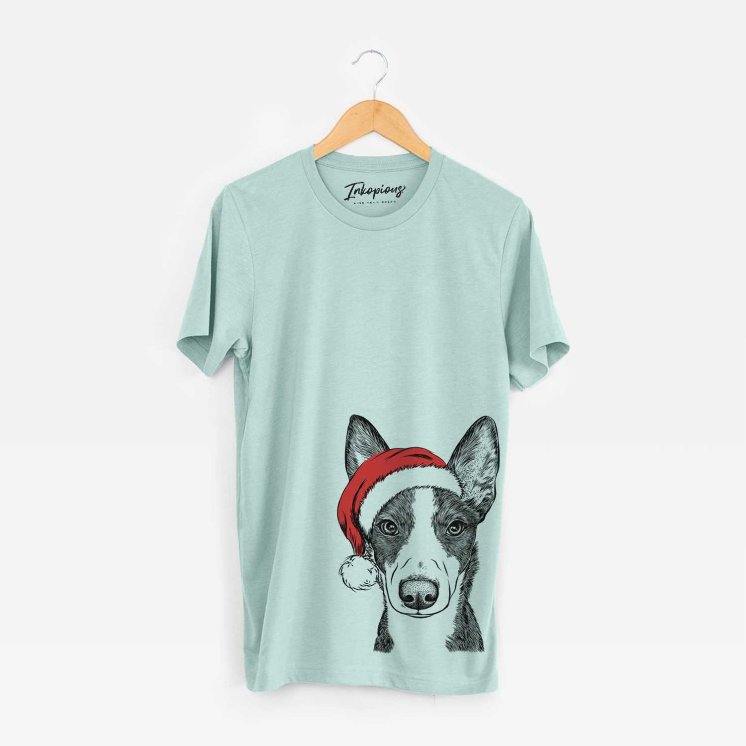 Hand-drawn sketch of Tigm the Bippet wearing a Santa hat on a Heather Sage Unisex crewneck