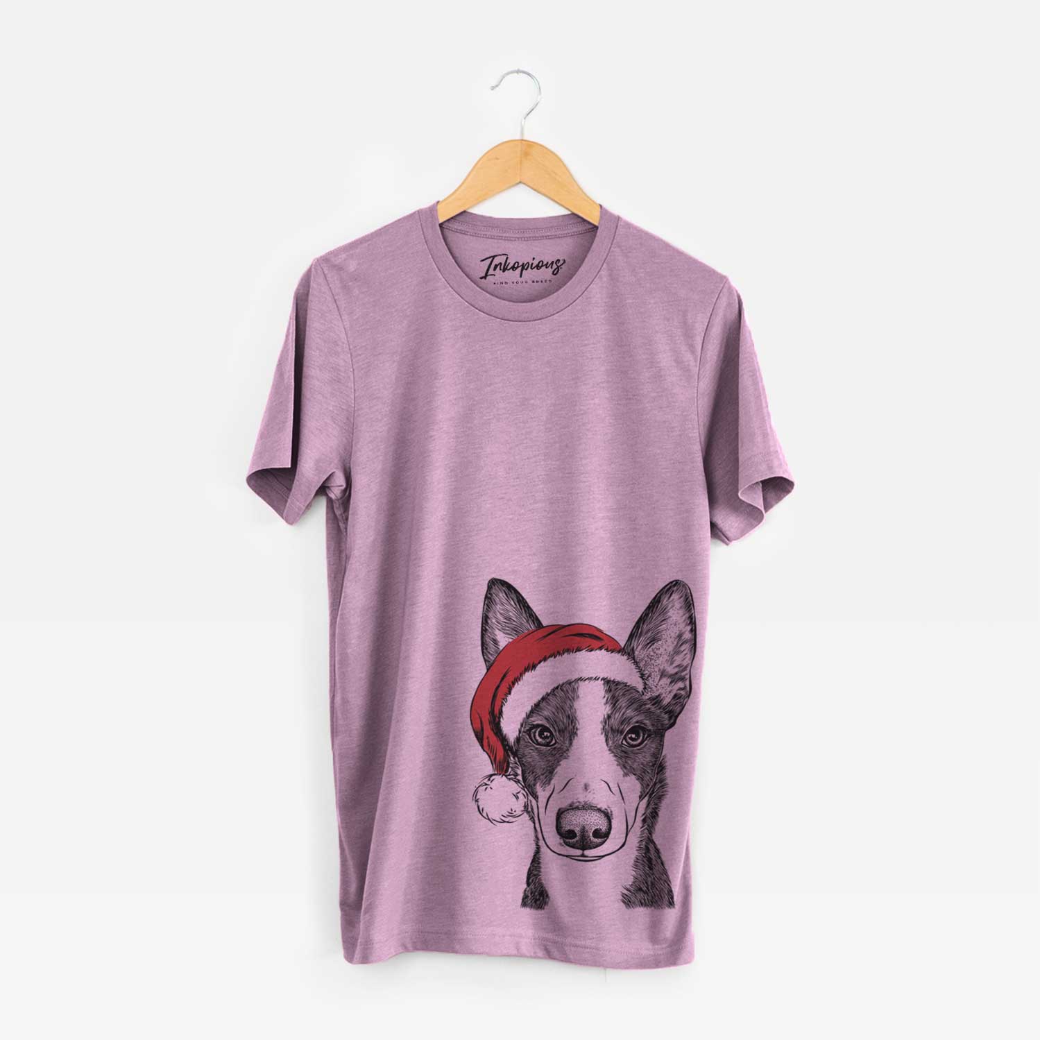Hand-drawn sketch of Tigm the Bippet wearing a Santa hat on an Orchid Unisex crewneck