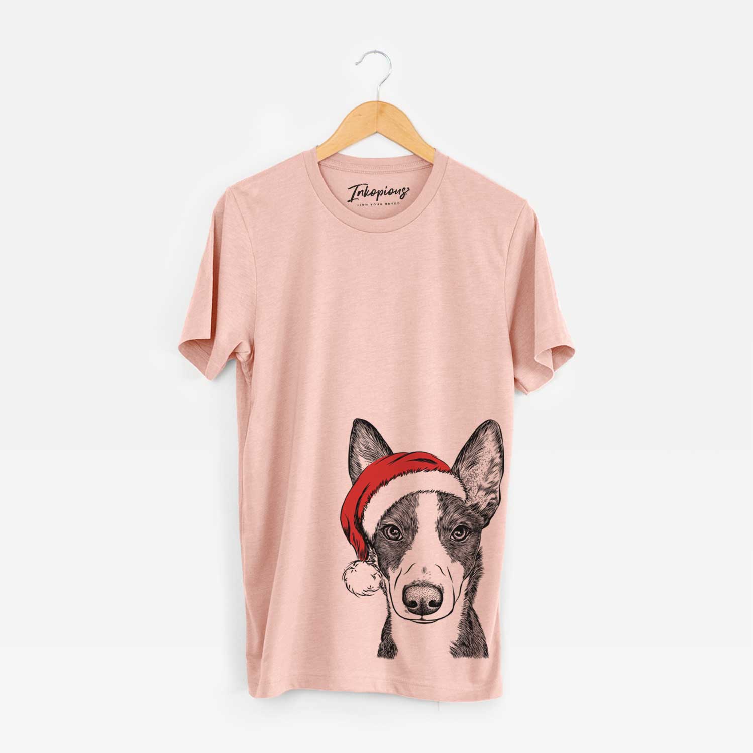 Hand-drawn sketch of Tigm the Bippet wearing a Santa hat on a Peach Unisex crewneck