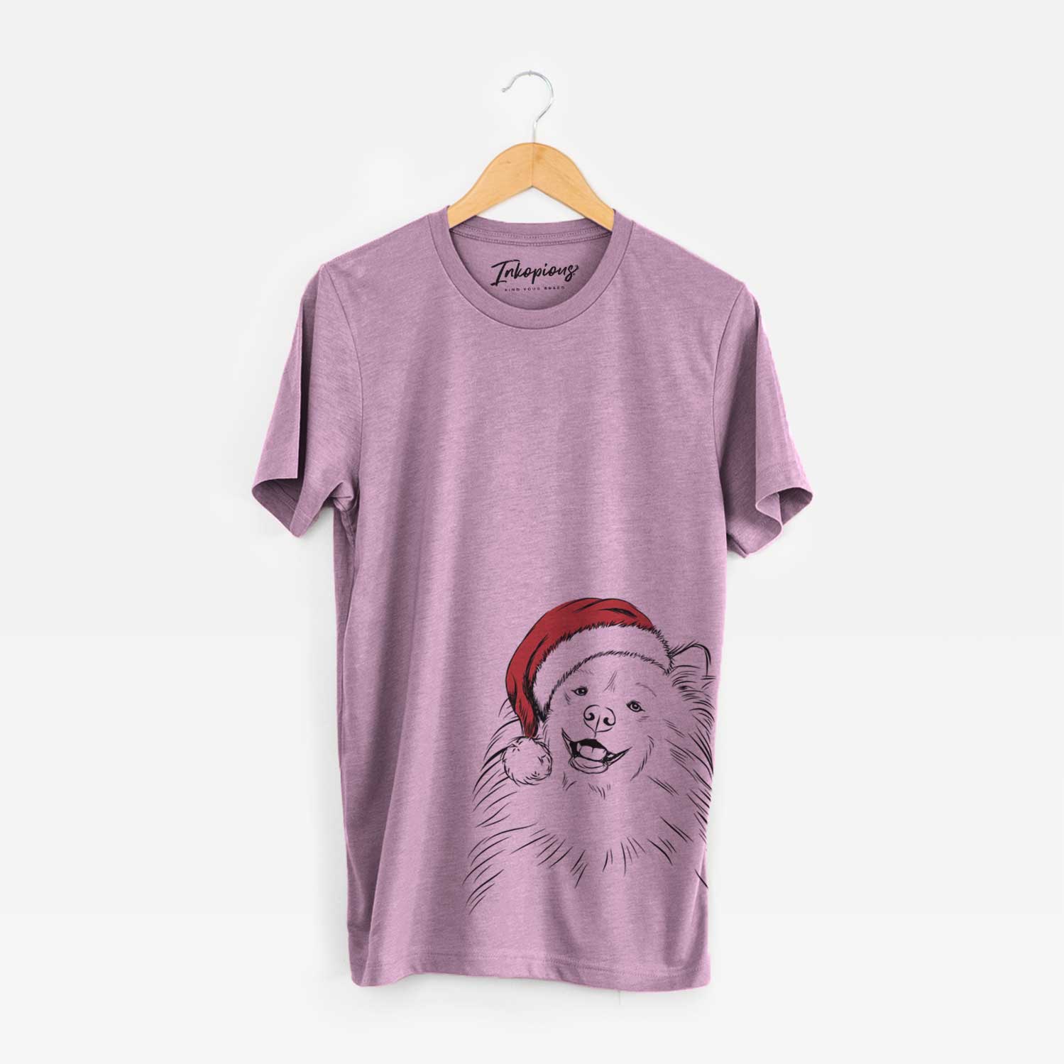 Hand-drawn sketch of Tillie the Samoyed wearing a Santa hat on an Orchid Unisex crewneck