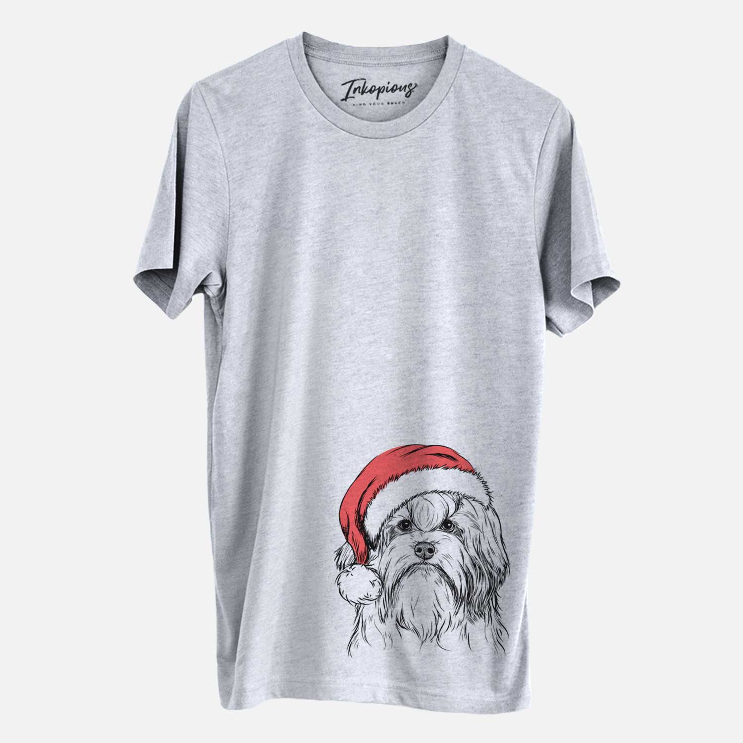 Hand-drawn sketch of Tootsie the Lowchen wearing a Santa hat on a Grey Unisex crewneck