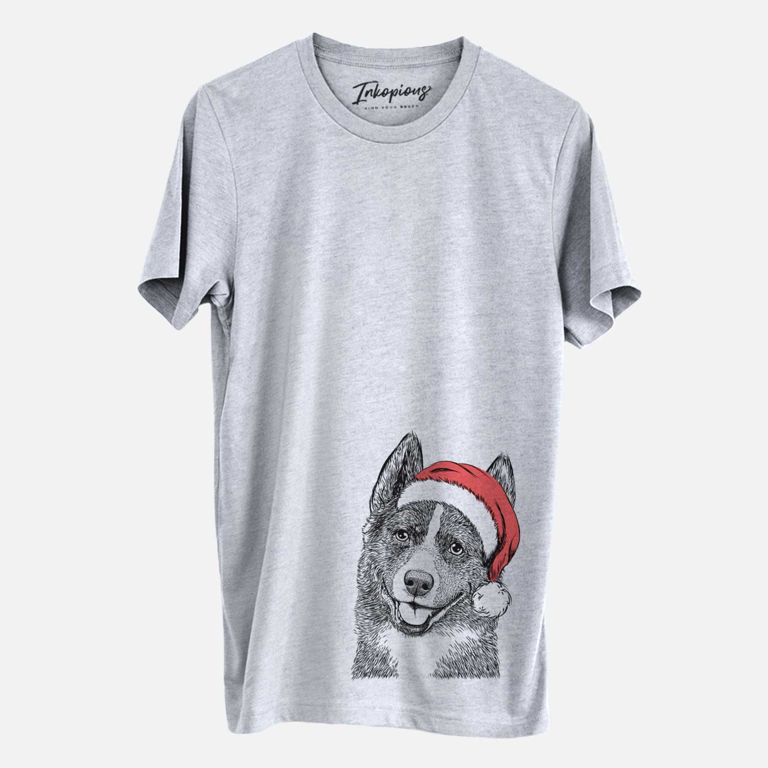 Hand-drawn sketch of Tosca the Karelian Bear Dog wearing a Santa hat on a Grey Unisex crewneck