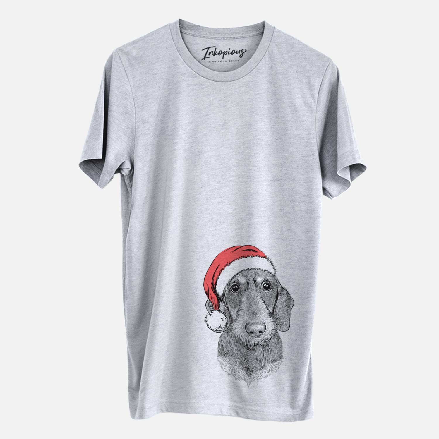 Hand-drawn sketch of Truman the Wirehaired Dachshund wearing a Santa hat on a Grey Unisex crewneck