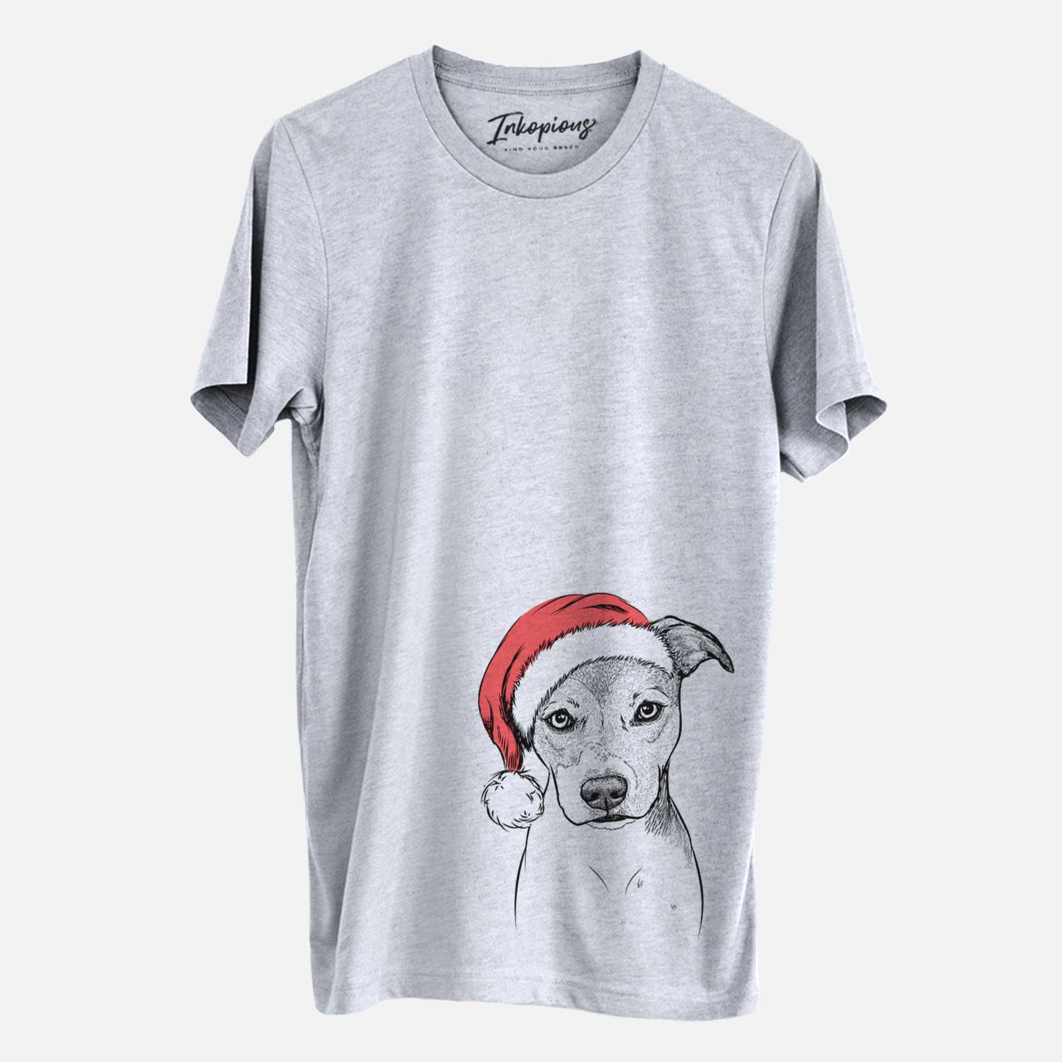 Hand-drawn sketch of Tula the American Staffordshire Terrier Heeler Mix wearing a Santa hat on a Grey Unisex crewneck