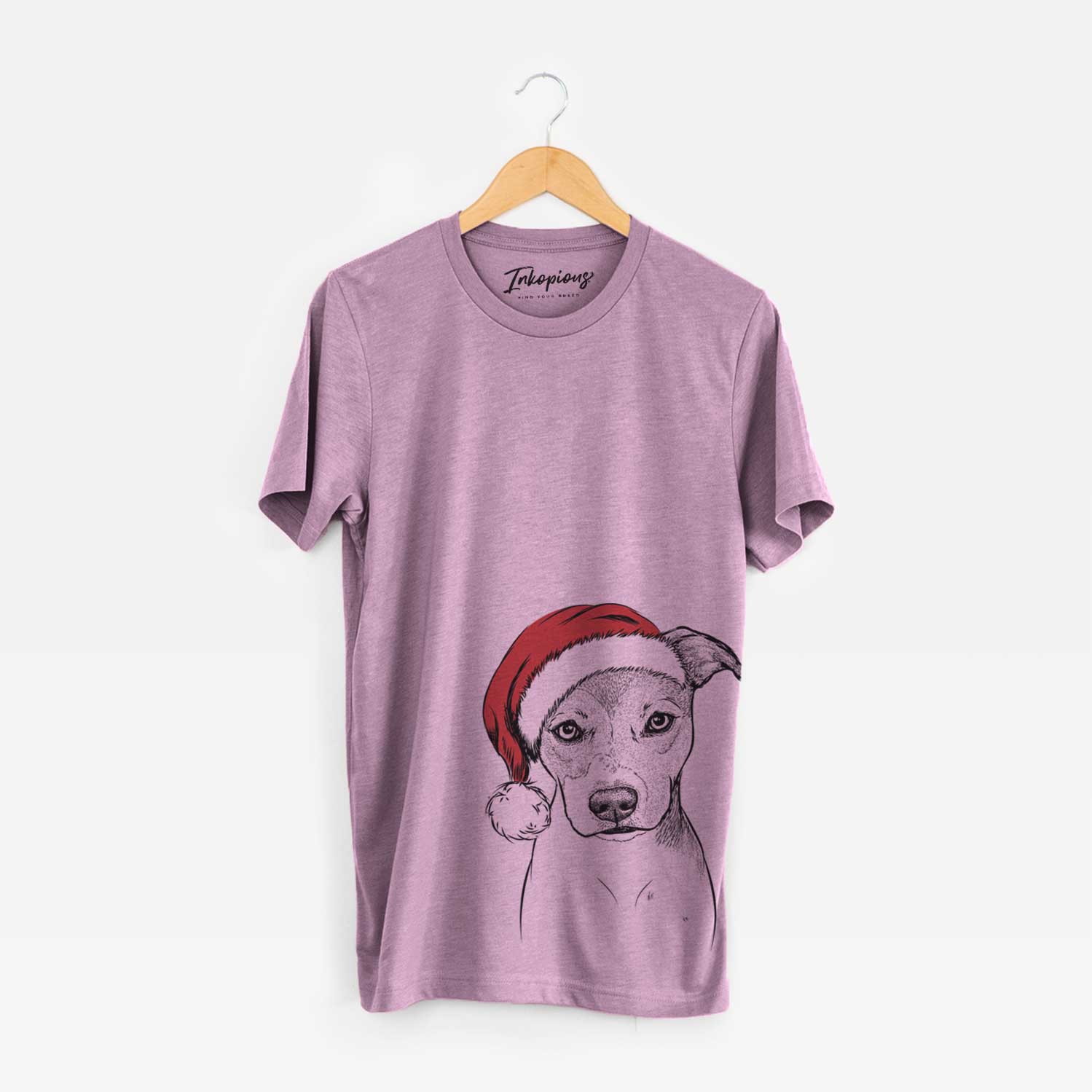 Hand-drawn sketch of Tula the American Staffordshire Terrier Heeler Mix wearing a Santa hat on an Orchid Unisex crewneck