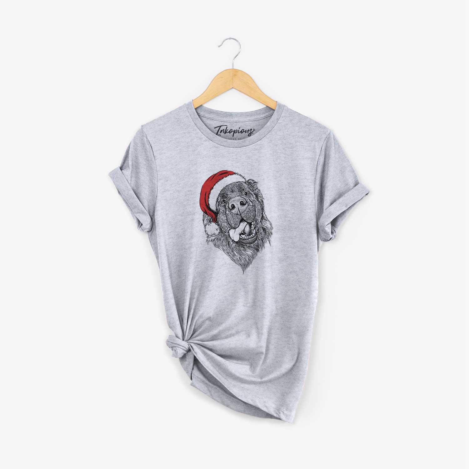 Hand-drawn sketch of Tuna the Newfoundland wearing a Santa hat on a Grey Unisex crewneck