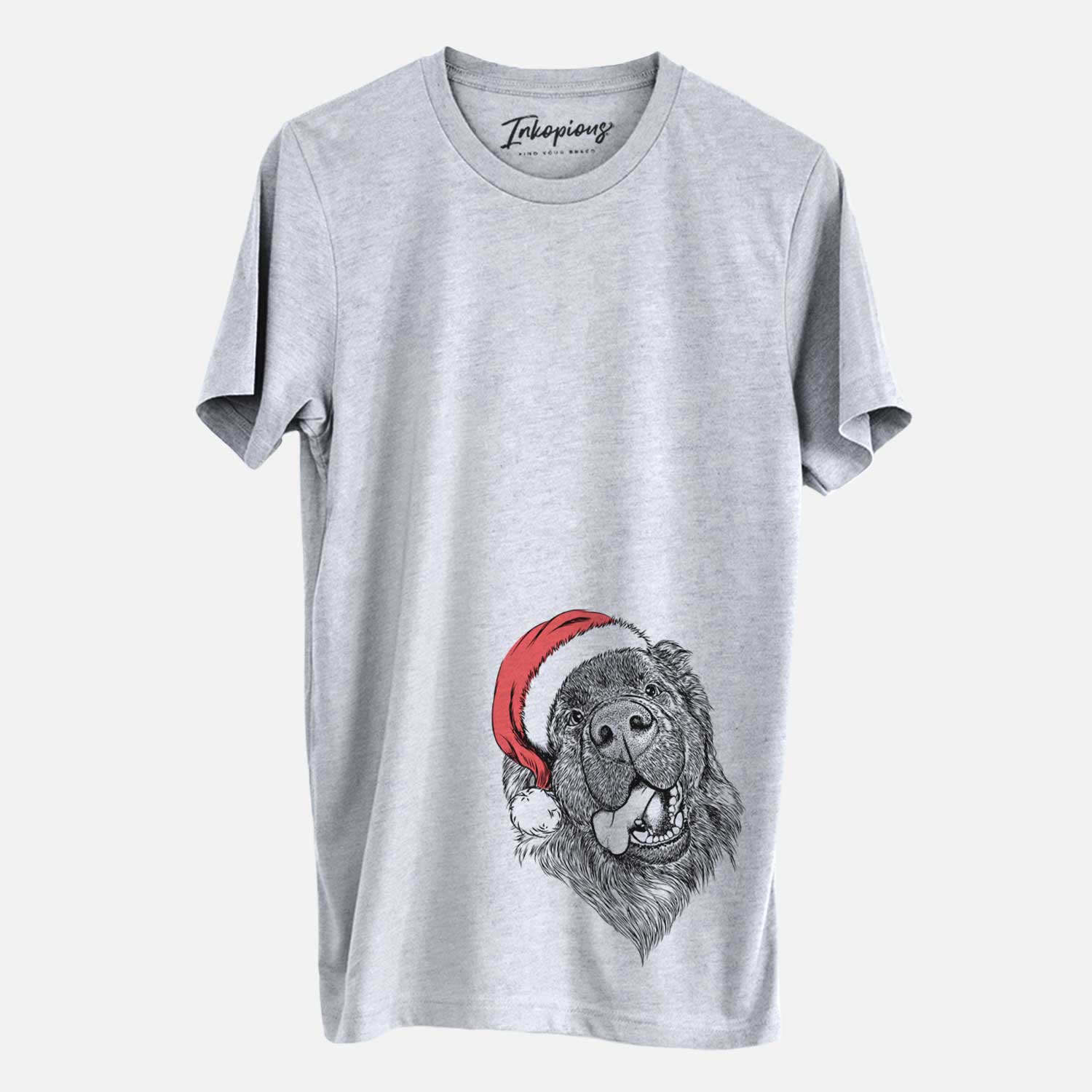 Hand-drawn sketch of Tuna the Newfoundland wearing a Santa hat on a Grey Unisex crewneck