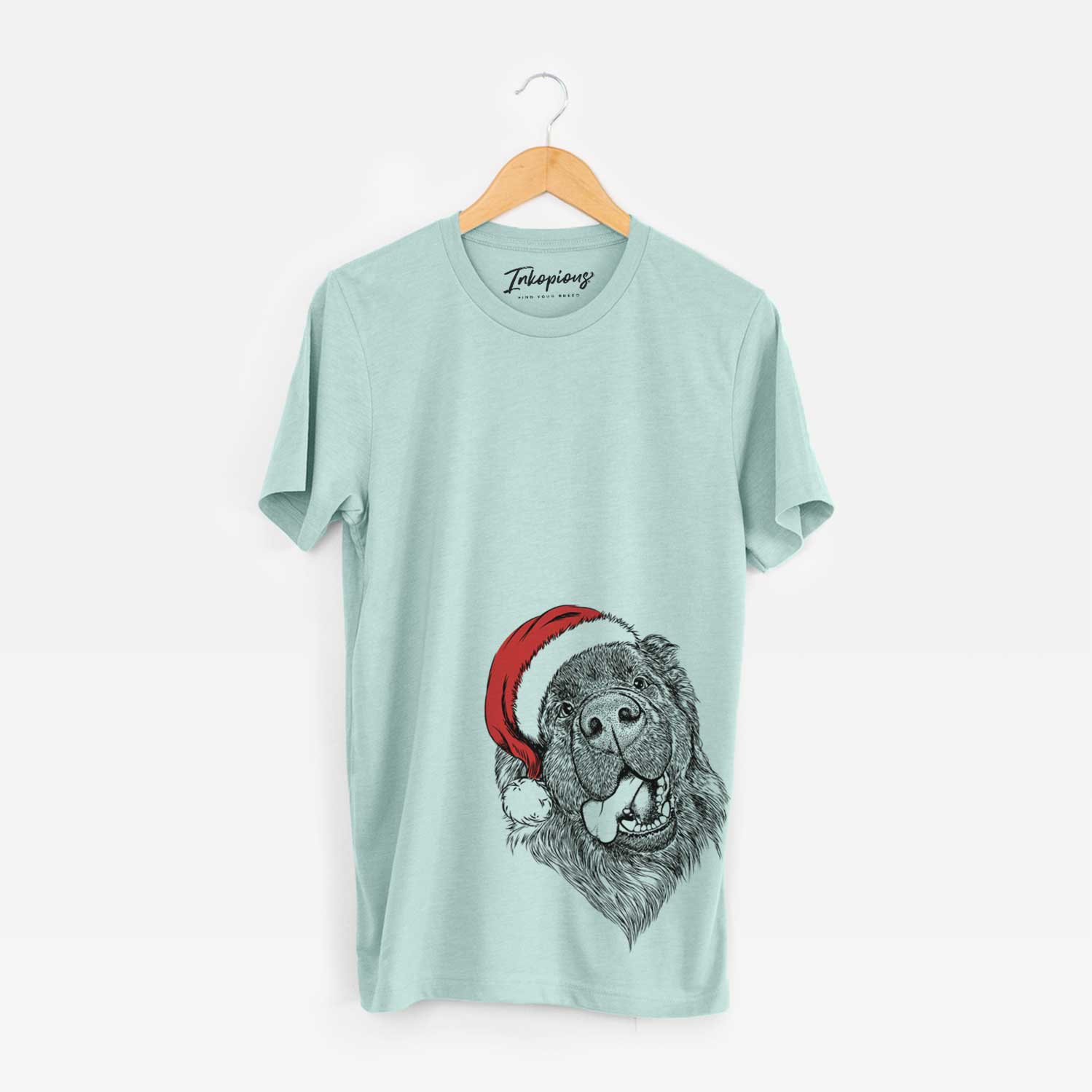 Hand-drawn sketch of Tuna the Newfoundland wearing a Santa hat on a Heather Sage Unisex crewneck