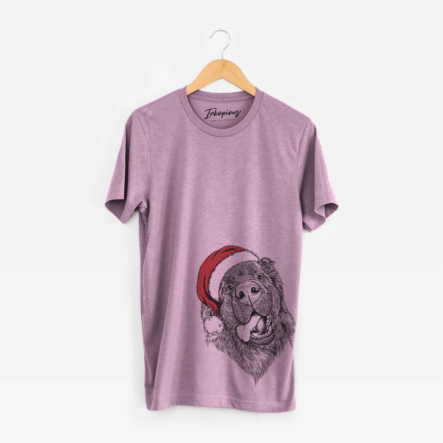 Hand-drawn sketch of Tuna the Newfoundland wearing a Santa hat on an Orchid Unisex crewneck