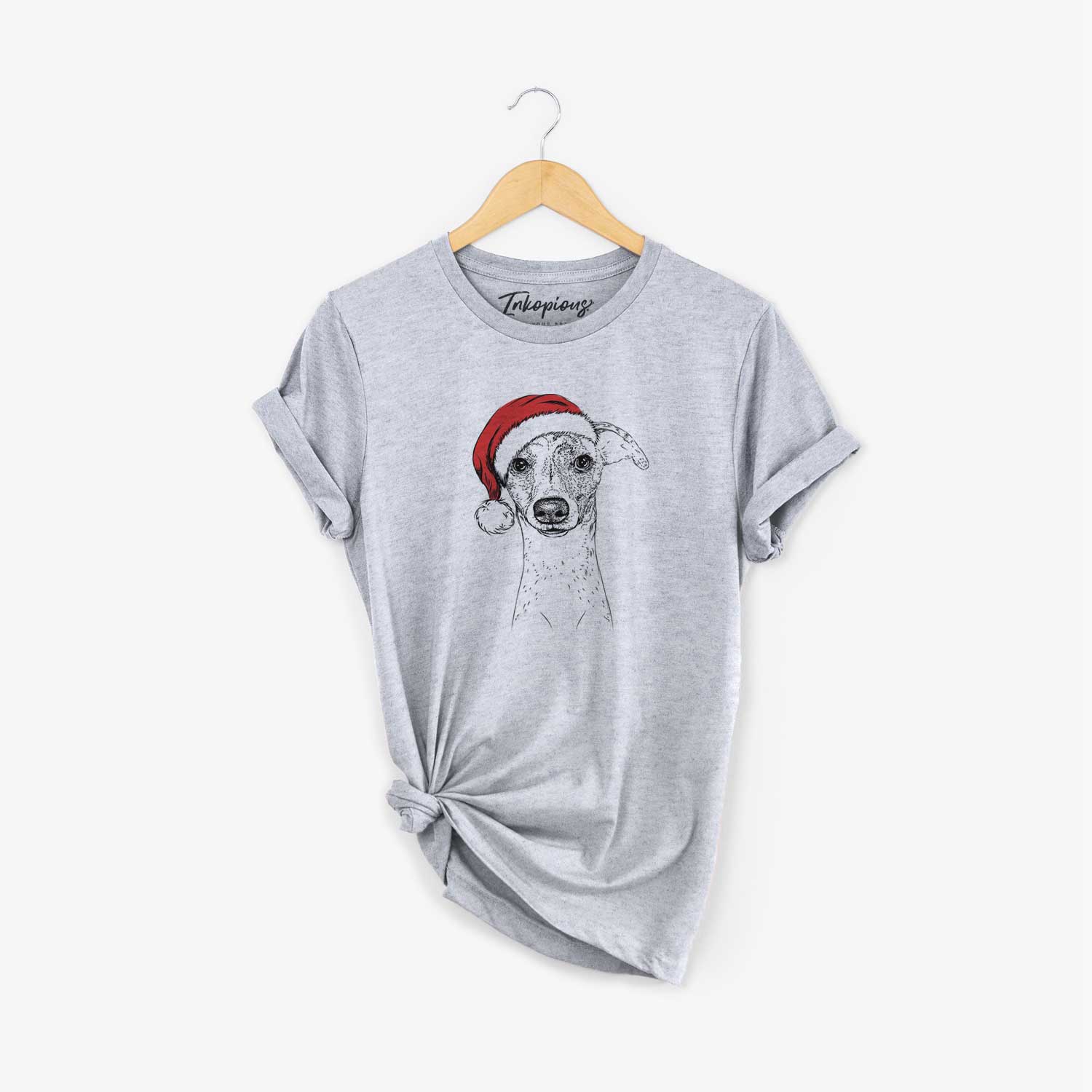 Hand-drawn sketch of Twiggy the Whippet wearing a Santa hat on a Grey Unisex crewneck