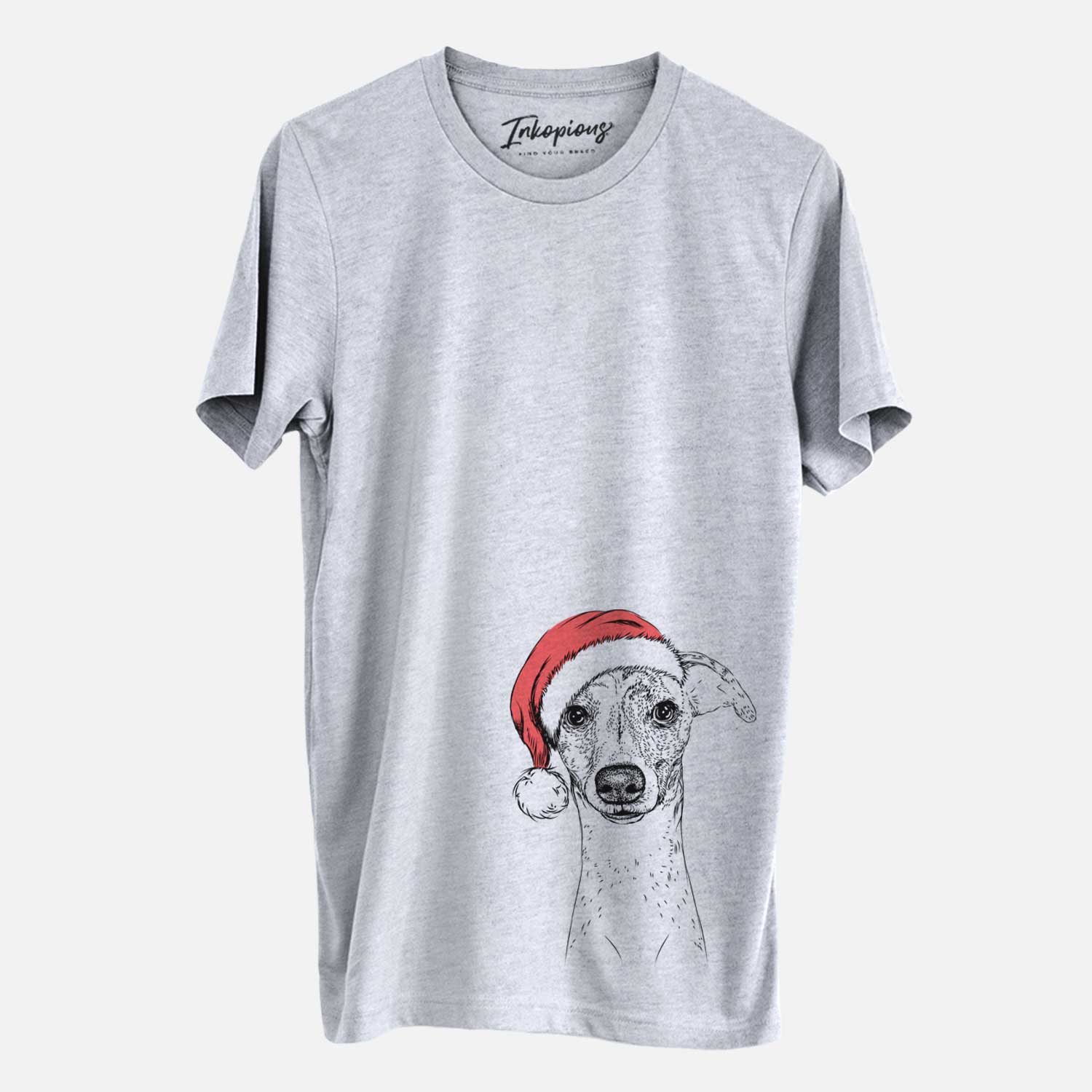 Hand-drawn sketch of Twiggy the Whippet wearing a Santa hat on a Grey Unisex crewneck